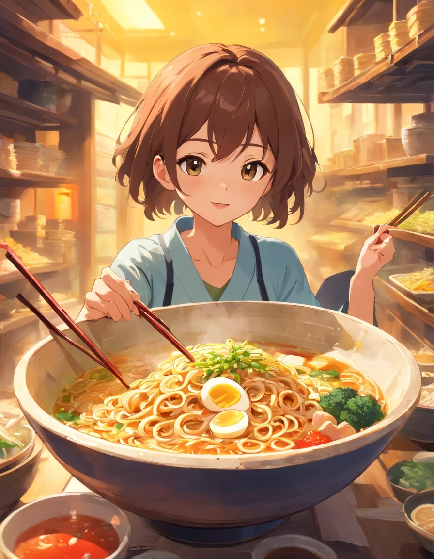 The spicy noodles are tasty and attractive.,Fresh vegetables are plentiful.,The aroma of hard-boiled eggs overflows.,Brown conch is tasty and tasty.,Pepper has a strong flavor.,Yellow bamboo shoots are crispy and tasty.,The fungus has a delicate taste.,Tofu has a good aftertaste.,The noodles picked up with chopsticks have a pleasant aroma.。illustration