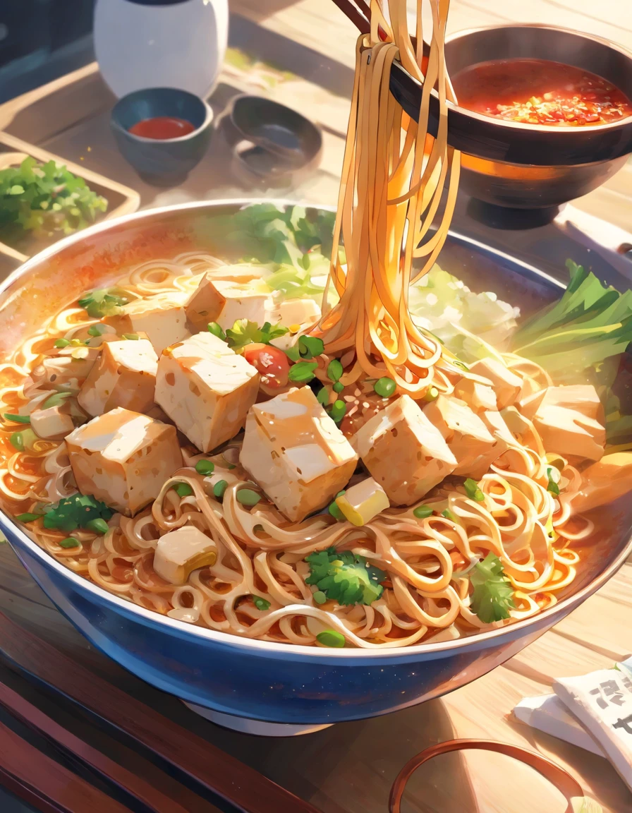 The spicy noodles are tasty and attractive.,Fresh vegetables are plentiful.,The aroma of hard-boiled eggs overflows.,Brown conch is tasty and tasty.,Pepper has a strong flavor.,Yellow bamboo shoots are crispy and tasty.,The fungus has a delicate taste.,Tofu has a good aftertaste.,The noodles picked up with chopsticks have a pleasant aroma.。illustration