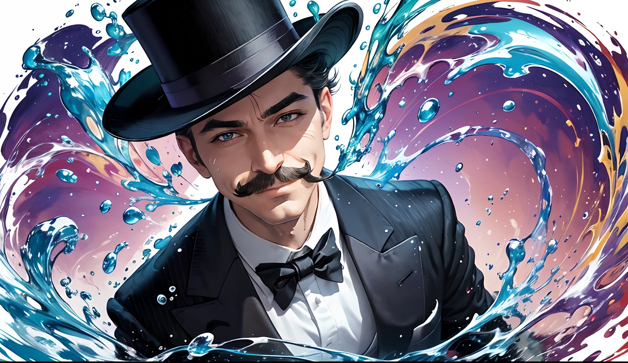 Sticker. A very dynamic scene. very cheerful pop magician in a top hat with a thin long mustache, Magic wand in hand, leaning forward in front of the camera, close-up, White background, splashes of water in all directions. oil paint, watercolor and ink --auto --s2
