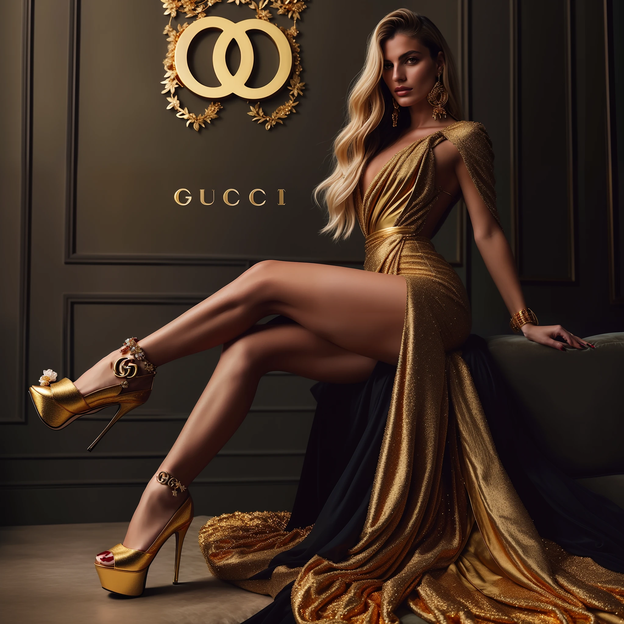 a woman in a gold dress sitting on a couch, gucci goddess, gucci poster, inspired by Hedi Xandt, by Hedi Xandt, album art, intricate abstract. gucci style, luxury advertisement, guccimaze, gold bodypaint, gucci, elegant gold body, official artwork, draped in gold, gold clothes, promo art, luxury fashion