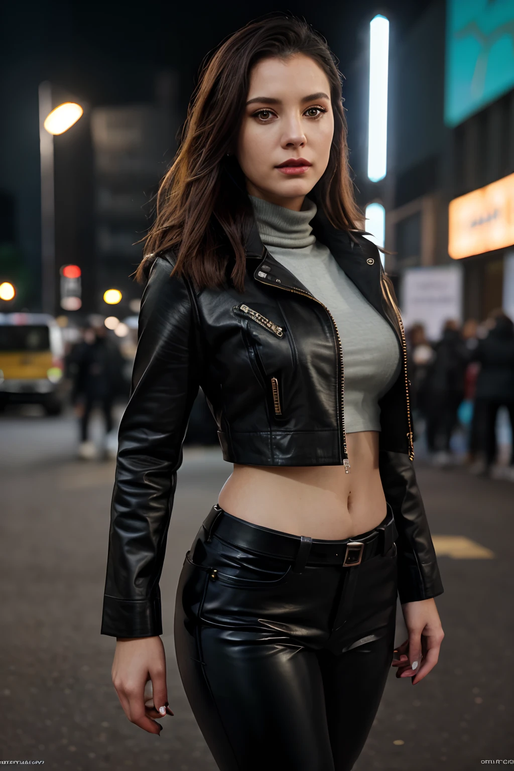Portrait of emb-haiz, beautiful face, in cyberpunk city at night. She is wearing a leather open jacket,lingerie, black jeans, dramatic lighting, (police badge:1.2).
