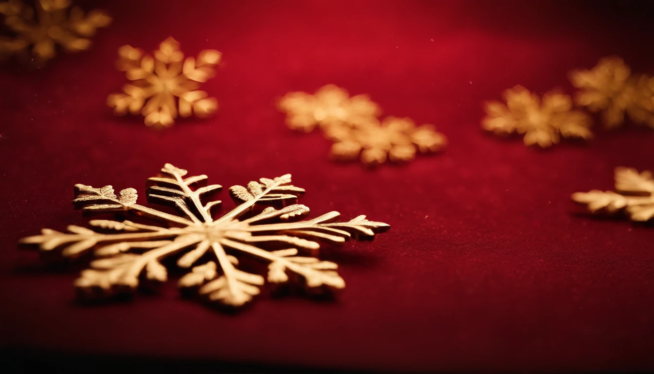 A deep red background adorned with golden snowflakes, creating a regal and festive atmosphere.