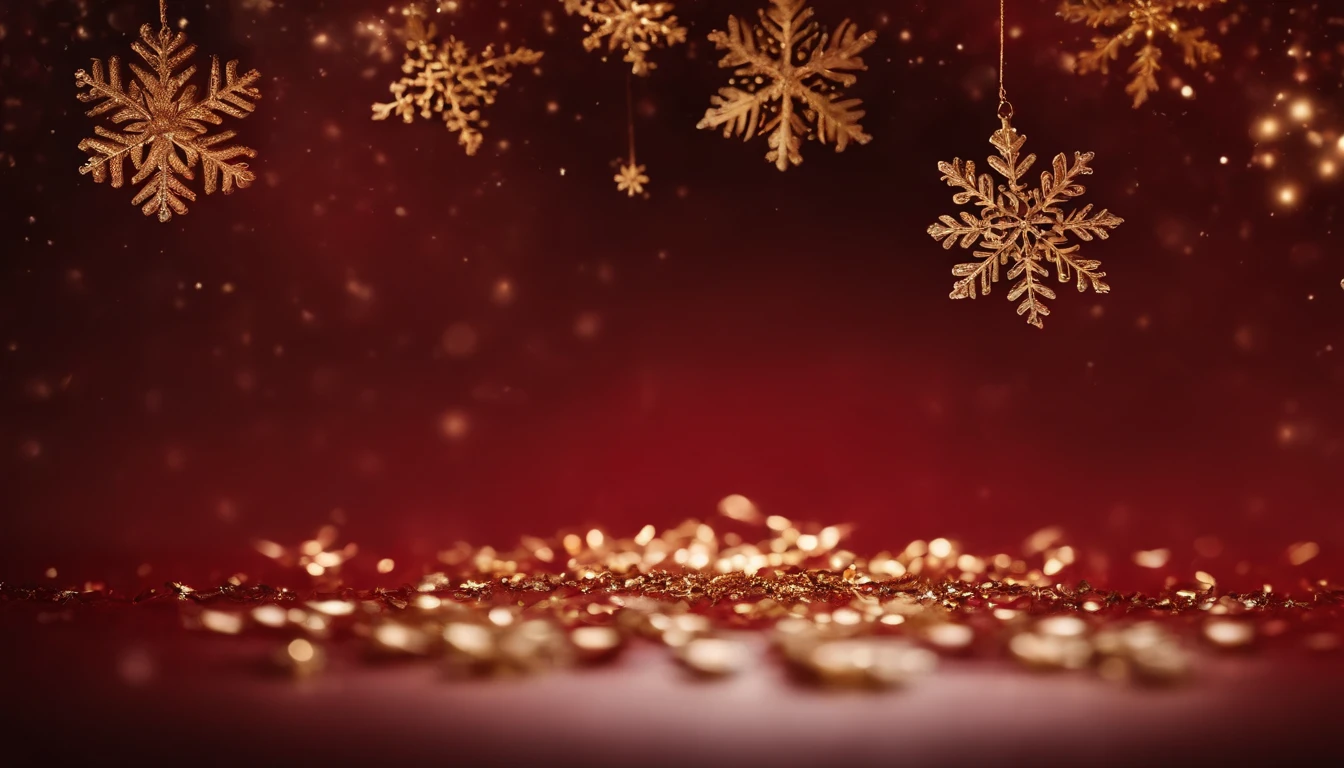 A deep red background adorned with golden snowflakes, creating a regal and festive atmosphere.