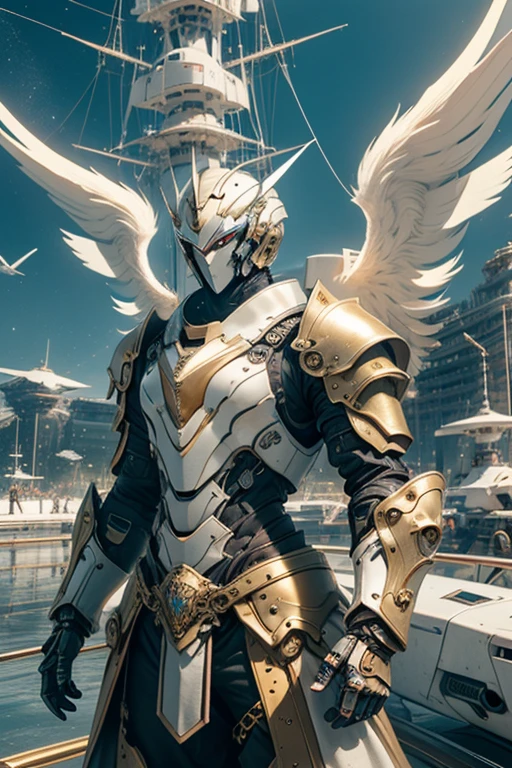 Photorealistic image ((Masterpiece)), ((high quality)) UHD 8K, of a beautiful goddess real, Realistic slim, tall, (medium chest), (skinny waist), (long blonde hair), (blue eyes), ((Hyper-realistic mecha armor, with golden metal and intricate golden ice lights), ((large golden wings)), (in combat position, on a futuristic ship, science fiction), Photo realistic, Natural lighting, professional DSLR camera