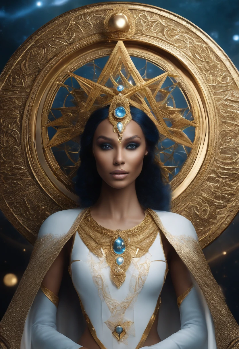 Blue-skinned alien with large almond-shaped eyes, a small chin, an elongated head, a petite nose, and a tiny mouth I am tall and slender, wearing white attire with golden trim, adorned with the symbol of the Intergalactic Confederation – a golden circle with a six-pointed star. My skin is Navian blue, and I wear a golden crown with a half-circle and the same six-pointed star in the center.