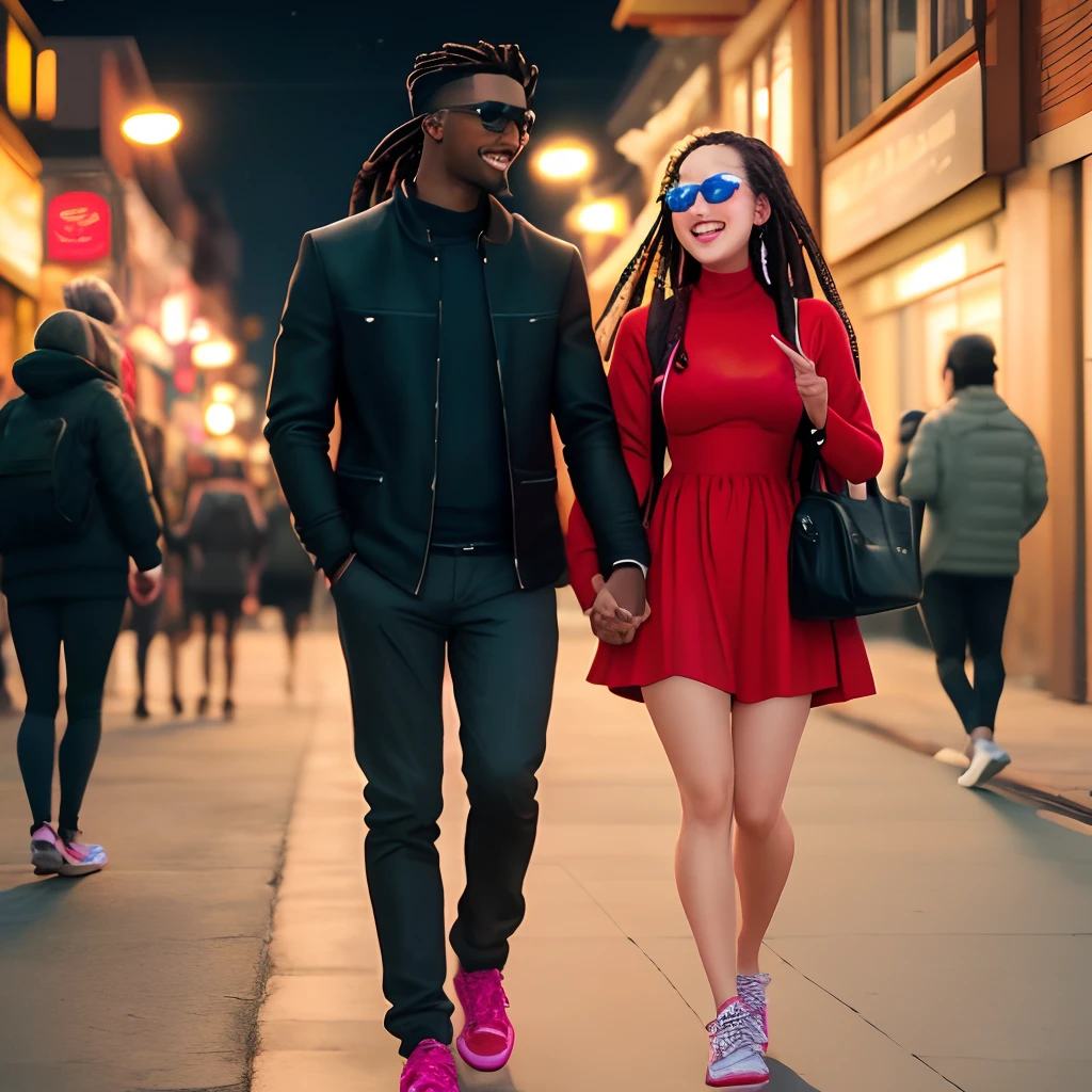 A young couple walking hand in hand in the city at night, with colorful lights and buildings in the background. Ella, a gorgeously fit and athletically toned Cambodian-American woman is wearing a colorful dress and high heels, while Jack, a handsome black man with dreadlocks wearing sunglasses, a red jacket and unique, red five finger toe shoe boots, where each toe has an individual pocket sneakers. They are smiling and looking at each other.