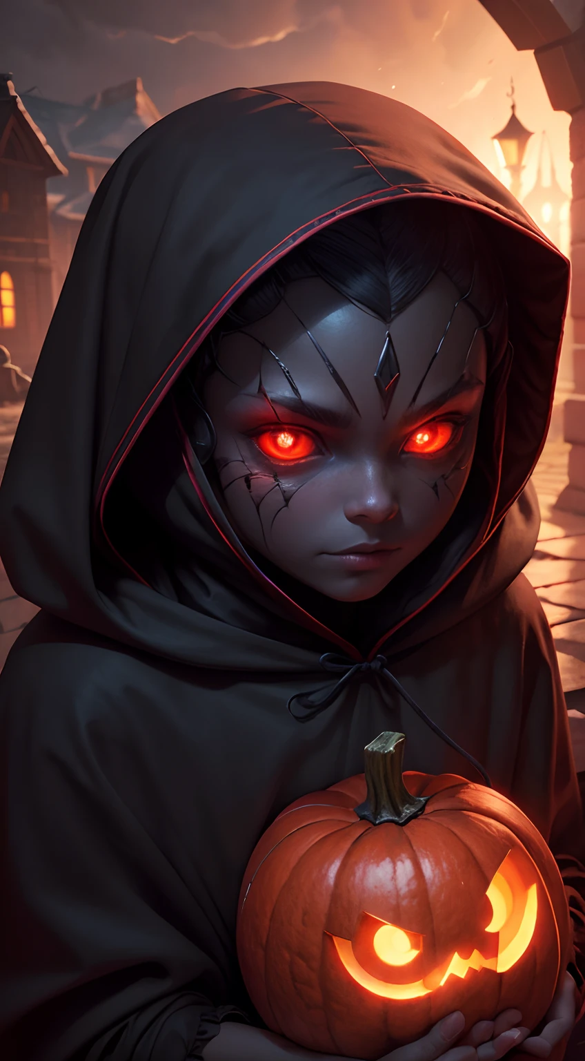 masterpiece, 1600s, (Night Shade), young humanoid, character, horror, pumpkin head, dark, hood, long blade, night time, cold, glowing red eyes, outside, village, evil, from hell, fall weather,