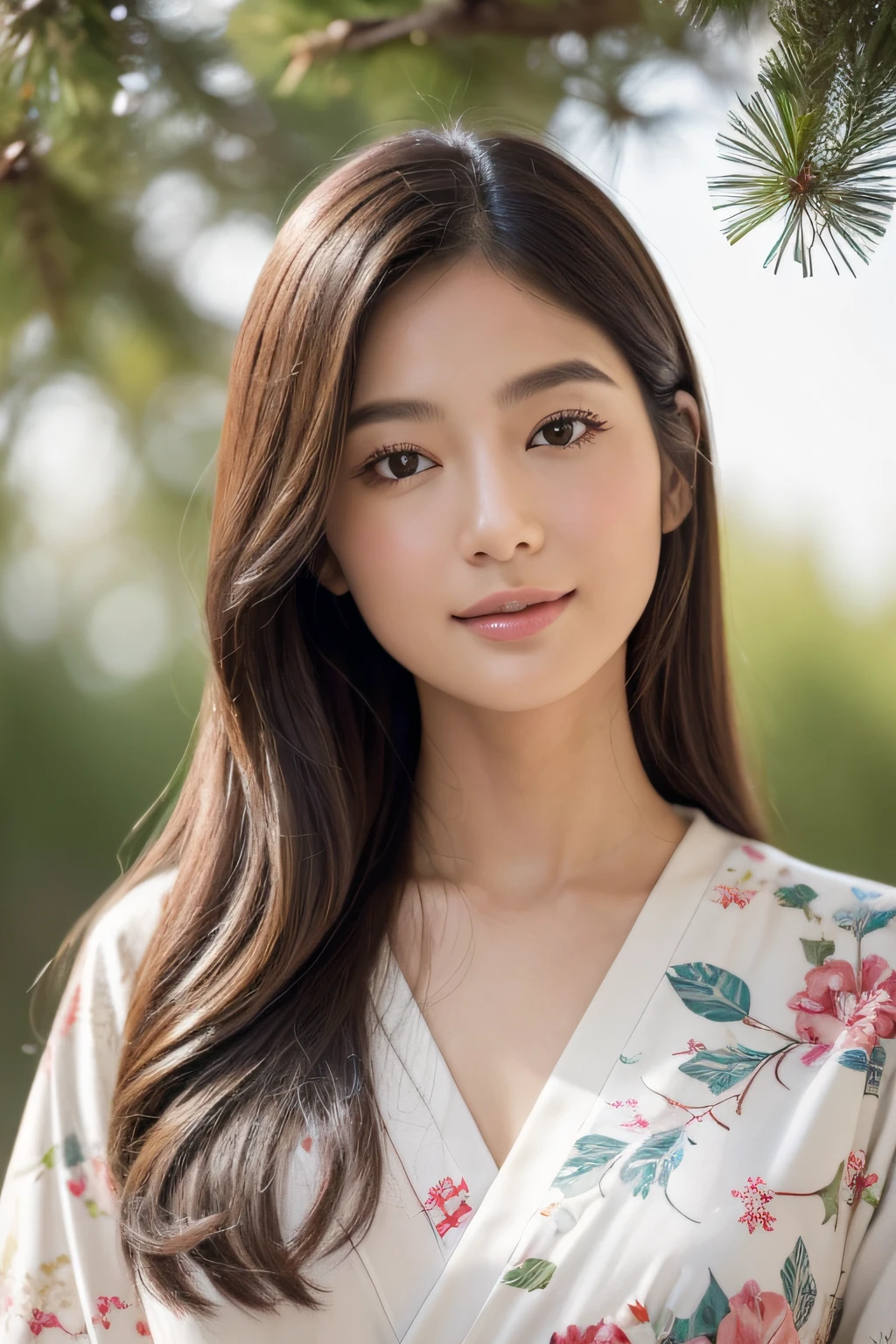 ((top-quality、8K、masuter piece:1.3))、(Beautiful, Realistic Japan),1 female、Sunny clothes in Japan、japanese kimono、(爆乳:1.2)、perfect anatomia、Beautiful limbs、New Year、hyperdetailed face、High detailed lips、A detailed eye、二重まぶた 、snowflakes falling、(Kadomatsu、Shimenawa ornament、New Year's decorations)、sideways Facing、celebration、large tree、naturey、kou、a white world、Happy New Year、