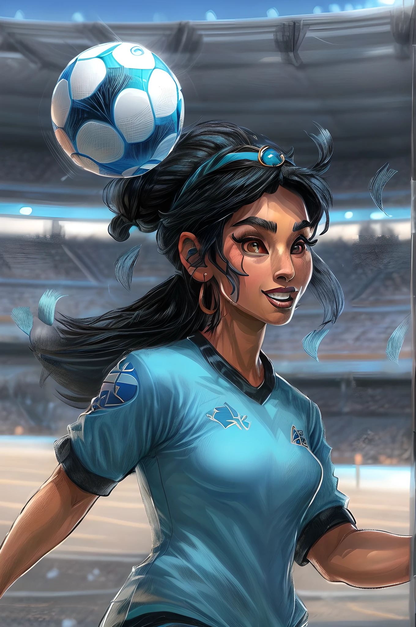 RPG art, fantasy art, a Disney Jasmine from Aladin is playing soccer, JasmineWaifu she wears light blue shirt a black uniform,  she wears a hair band black hair, hair in  a bun, she has the ball and runs towards the goal, modern soccer stadium background