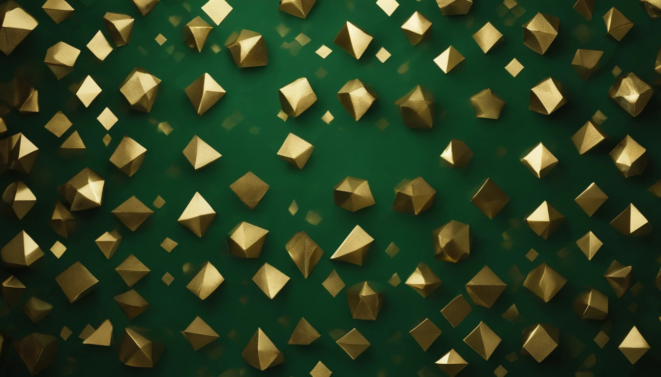 A rich emerald green background with a shimmering gold geometric pattern, reminiscent of traditional holiday wrapping paper.