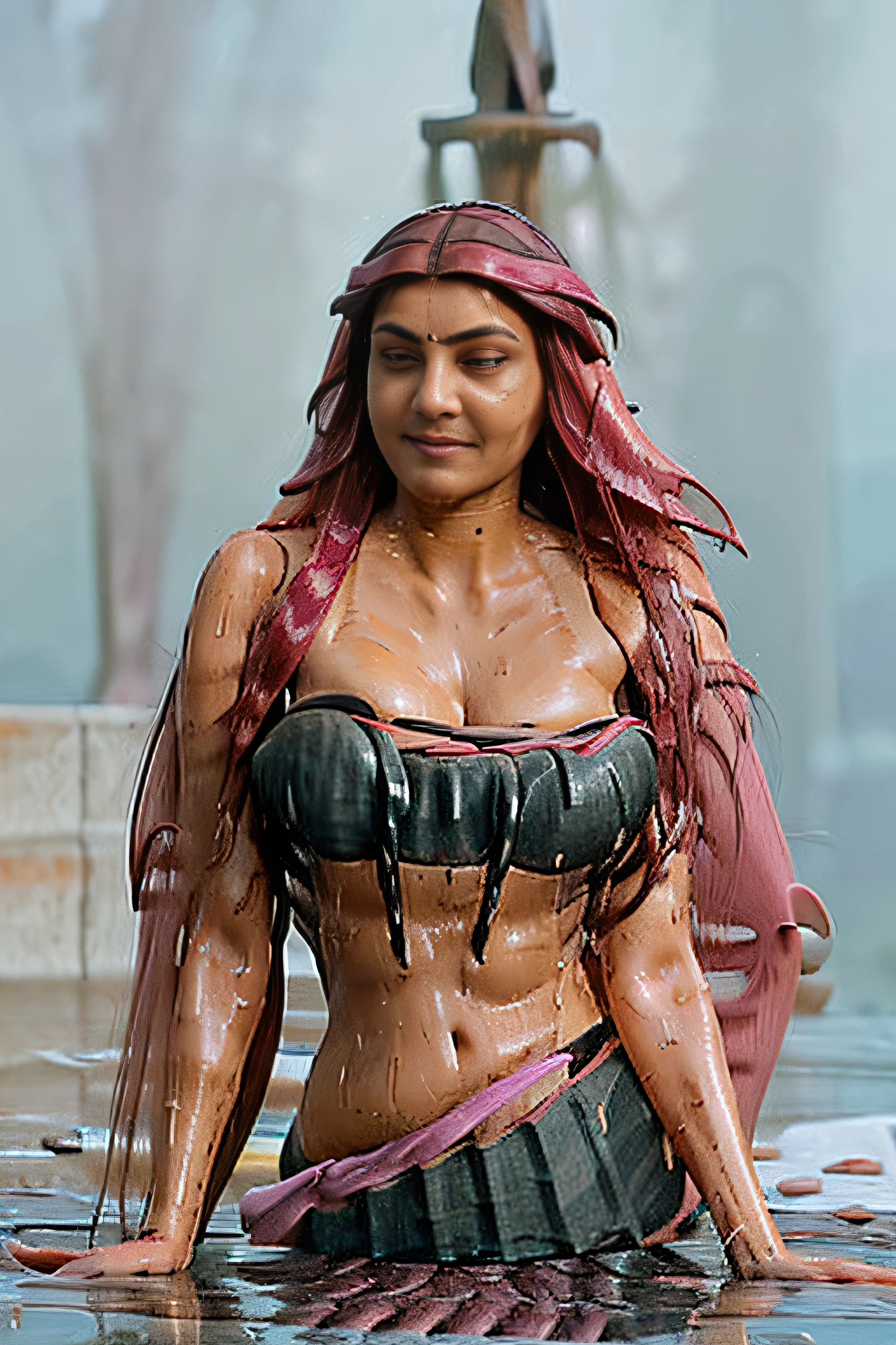 ((Photo of an indian aunty of age 35 bathing with milk)), hourglass body shape, snooping big breasts, pink lips, (long wet hair:1.9) , wet face:1.5. , (Wet body:1.5), (wearing black sari and white blouse), seductive pose, (closeup shop of vedika), (((photo taken bu sony dslr camera))), climatic