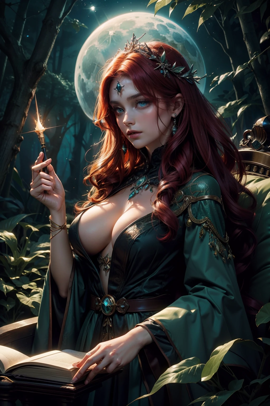 (Best Quality,hight resolution,Vivid colors),Beautiful detailed green eyes, beautiful detailed lips,Extremely detailed eyes and face,Red-haired beauty,Stunning beauty,fine complexion,,The Enchanted Forest,sorcery,Magical atmosphere,Mysterious Vibes,Floating leaves,Glowing Book of Spells,Sparkling Wand,Dark Robe,captivating gaze,Ancient knowledge,incantation,Magic potions,silhouette,Moonlit night,Sorceress in moonshine, big breastes.