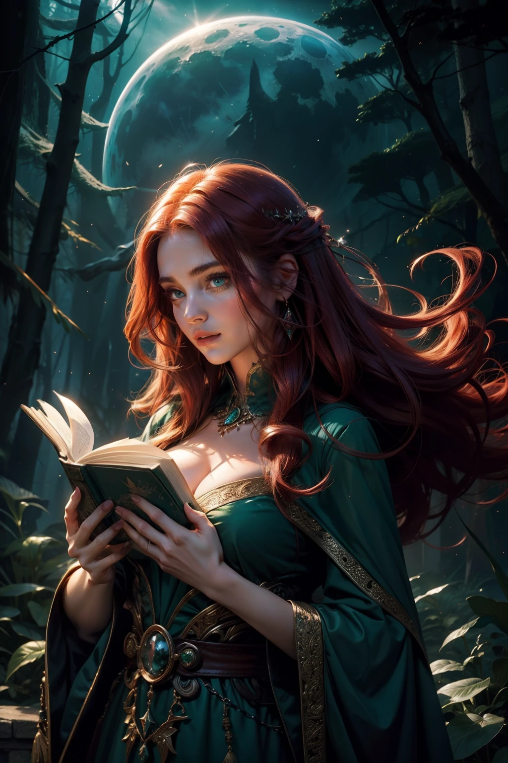 (Best Quality,hight resolution,Vivid colors),Beautiful detailed green eyes, beautiful detailed lips,Extremely detailed eyes and face,Redhead,Stunning beauty,fine complexion,,The Enchanted Forest,sorcery,Magical atmosphere,Mysterious Vibes,Floating leaves,Glowing Book of Spells,Sparkling Wand,Dark Robe,captivating gaze,Ancient knowledge,incantation,Magic potions,silhouette,Moonlit night,Sorceress in moonshine, big breastes.