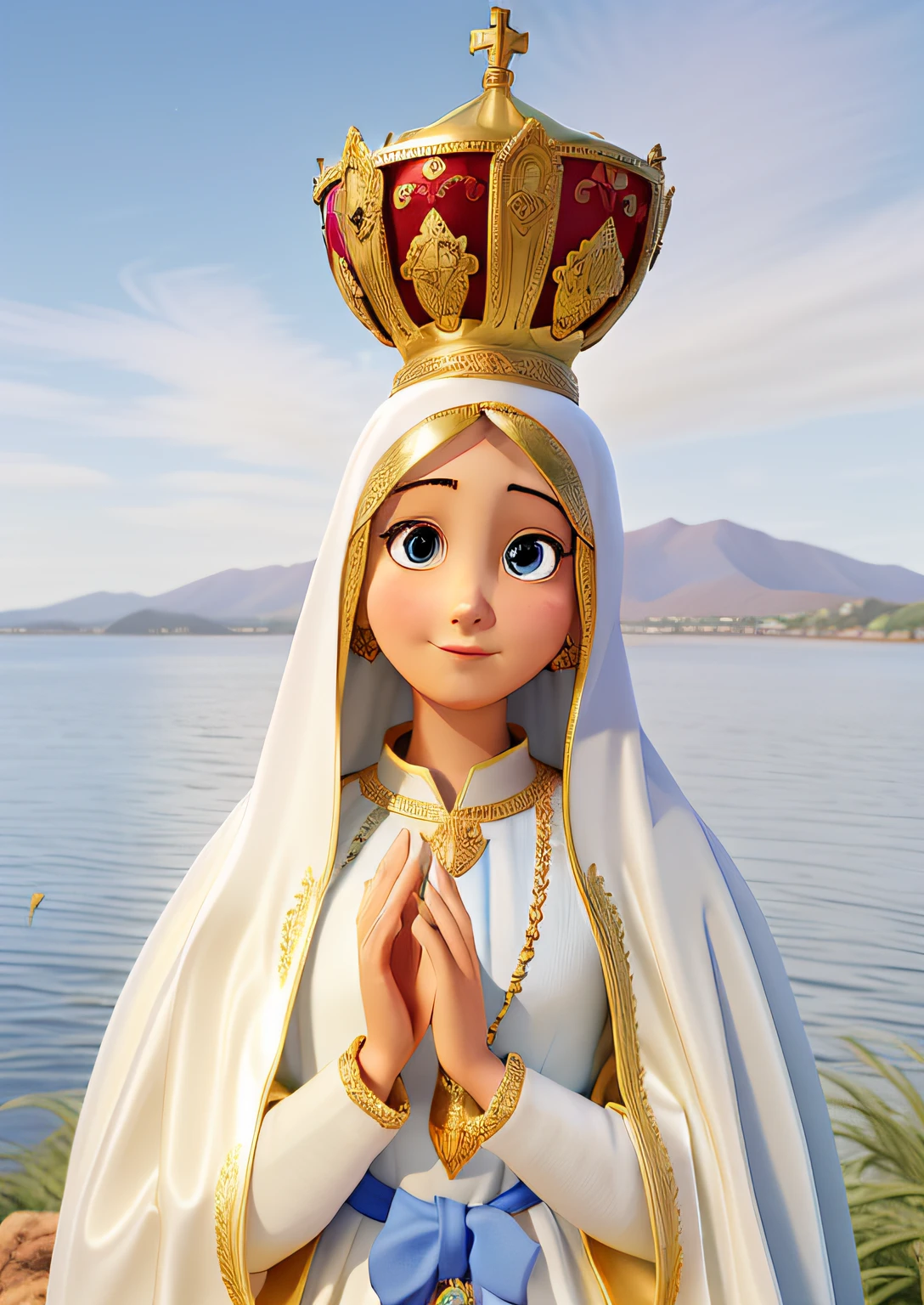 Our Lady of Fatima standing in front, illuminated by the light of a lamp, Against the backdrop of a blue sky, coroa, vestes brancas, olhar de ternura, imagem de alta qualidade, estilo disney pixar