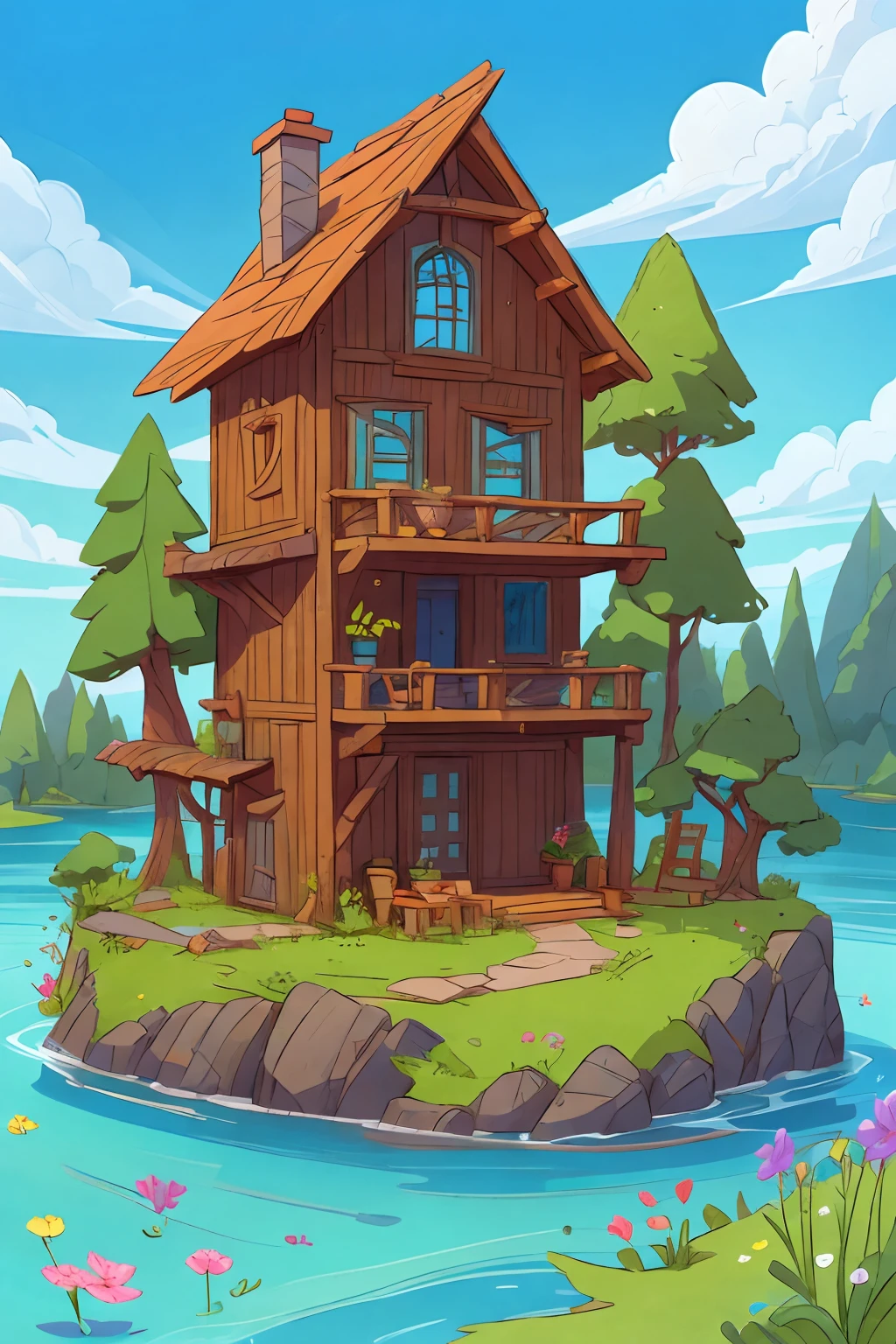 desenho de uma casa pequena, desenho cartoon, desenho infantil, A beautiful lake with greenery around it, desenho simples, Cartoon landscape illustration, desenho de uma simples e pequena casa, desenho de uma casa, Drawing of blue and clear sky with some clouds, vignette illustration