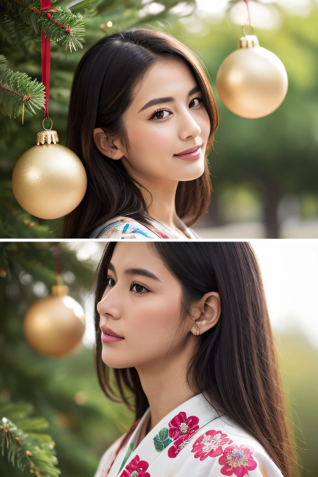 ((top-quality、8K、masuter piece:1.3))、(Beautiful, Realistic Japan),1 female、Sunny clothes in Japan、japanese kimono、(爆乳:1.2)、perfect anatomia、Beautiful limbs、New Year、hyperdetailed face、High detailed lips、A detailed eye、二重まぶた 、snowflakes falling、(Kadomatsu、Shimenawa ornament、New Year's decorations)、sideways Facing、celebration、large tree、naturey、kou、a white world、Happy New Year、Shochikuume、