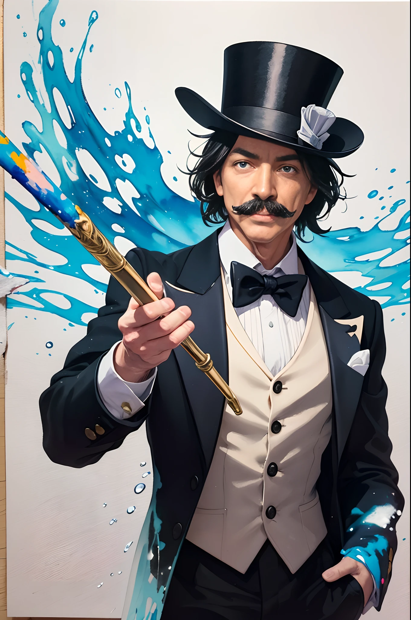 Sticker. A very dynamic scene. very cheerful pop magician in a top hat with a thin long mustache, Magic wand in hand, leaning forward in front of the camera, close-up, White background, splashes of water in all directions. oil paint, watercolor and ink --auto --s2