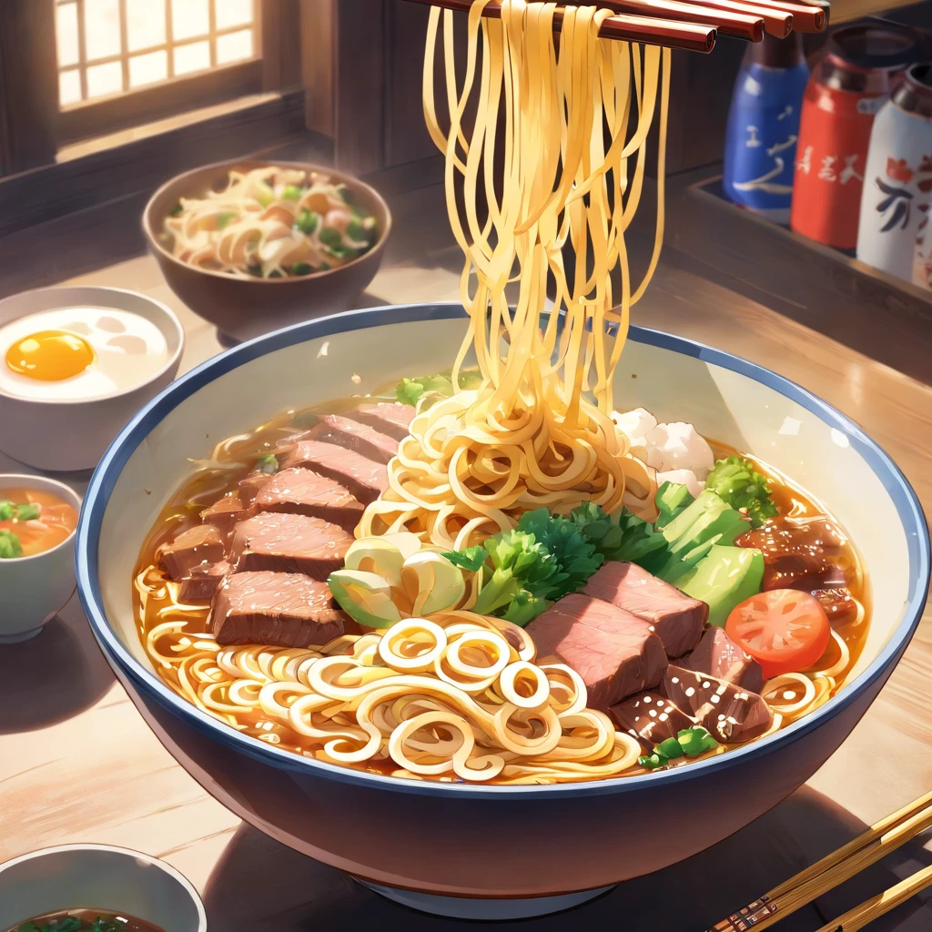 A bowl of beef noodles,Fresh vegetables,The aroma of hard-boiled eggs overflows.,Brown peel is tasty and tasty.,Pepper has a strong flavor.,Yellow bamboo shoots are crispy and tasty.,The fungus has a delicate taste.,Tofu has an excellent final taste.,The noodles held with chopsticks are fragrant.。illustration