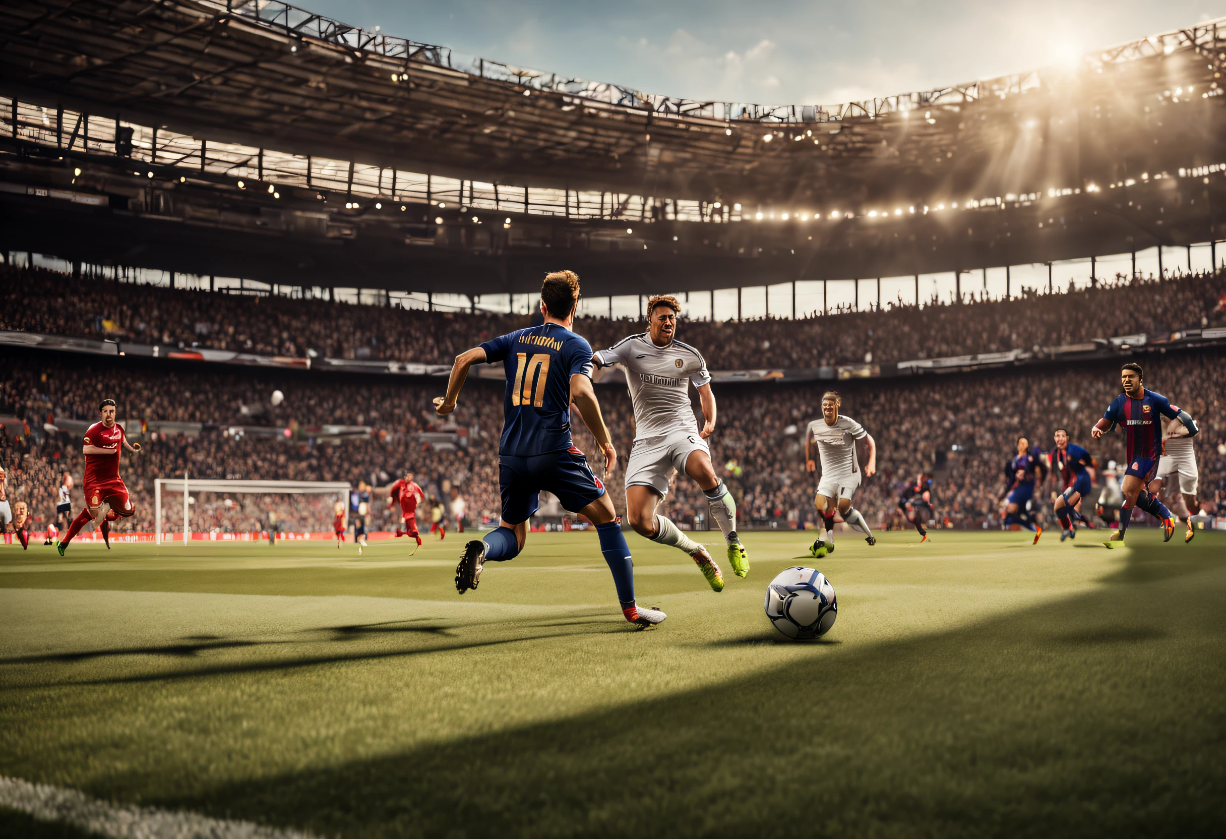 (best quality, 4k, 8k, high resolution, masterpiece: 1.2), ultra-detailed, (realistic, photorealistic, photorealistic: 1.37), professional photography of a football match in a stadium, image taken with a professional camera and a wide-angle lens to have a wide shot, the light is natural in the late afternoon, award-winning photography in a sports magazine