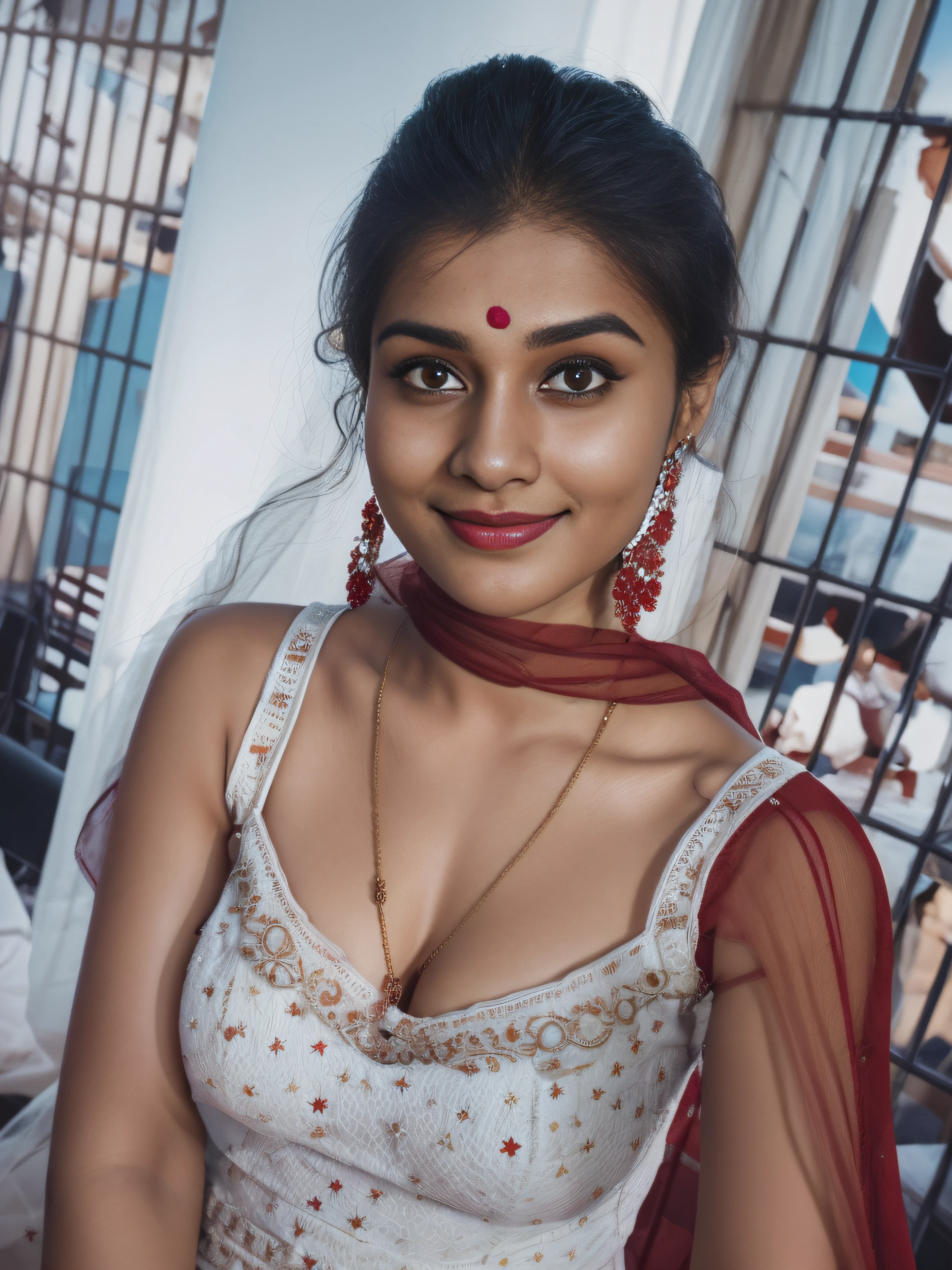 (editorial photograph of a young indian women in closup shoot of vedika), karla ortiz, (highly detailed face:1.4) (smile:0.7) (backround 5 star hotel , moody, private study:1.3) POV, by lee jeffries, nikon d850, film stock photograph ,4 kodak portra 400 ,camera f1.6 lens ,rich colors ,hyper realistic ,lifelike texture, earing white dress with red border, dramatic lighting , cinestill 800, realistic,  seductive big boobs actress, karla ortiz, posing!!, candid picture, by Max Dauthendey,