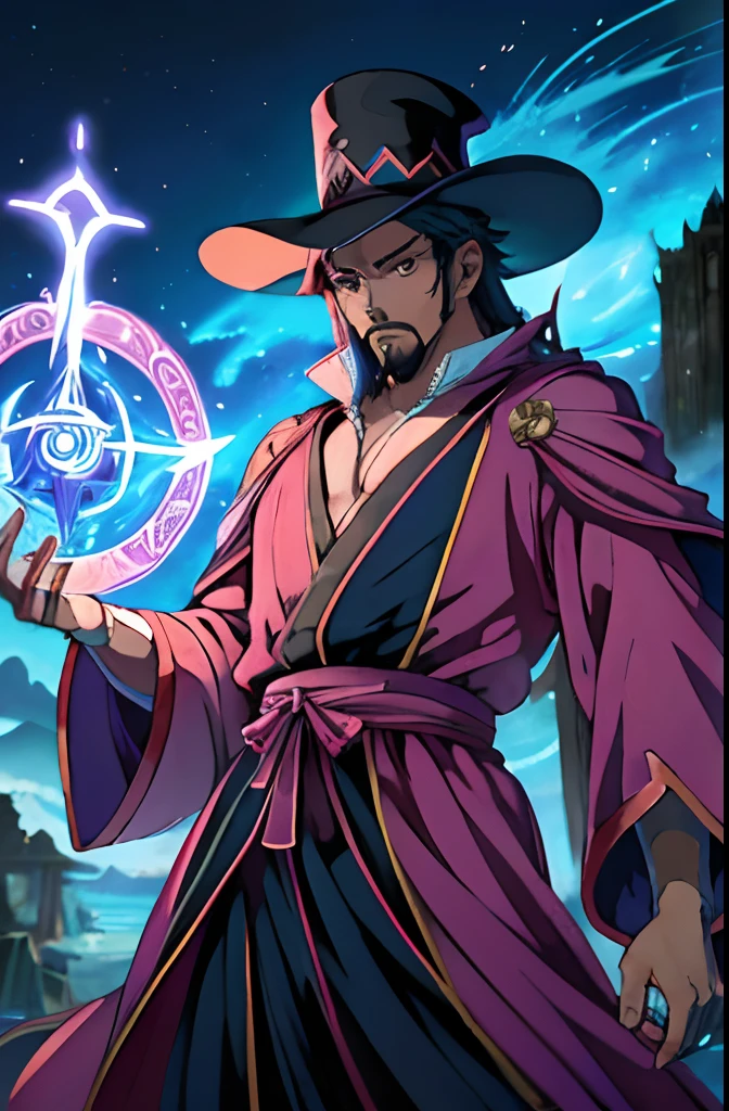 estilo anime, anime, ((mago)), ((Robes and magician's hat)), macho maduro, Tonificado, ((bruxo masculino)), 1st grade, master part, absurdos, detalhes finos, HDR, sozinho, parte superior do corpo, charming expression, ((pele clara)), Magical runes around you, magic circle in the background,