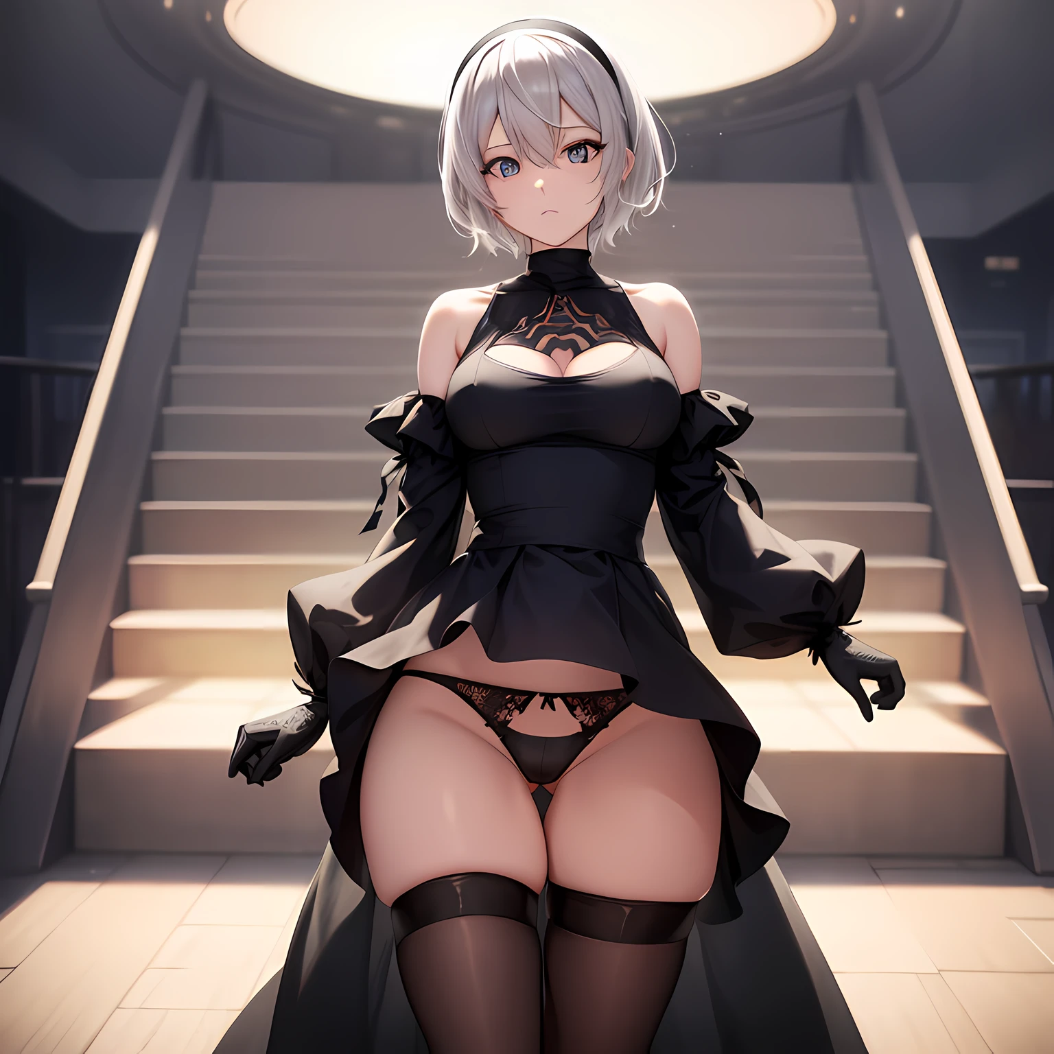 2b, 2b, black hairband, shairband, Short hair, White hair,Blake Black Skirt, black thighhighs, long boots, cleavage cutout, Clothes Cutout, shairband, high-heels, Long sleeves, droid, side slits, Skirt, Thigh boots, thighs thighs thighs thighs,BREAK looking at viewer, Full body,BREAK outdoors,BREAK (masutepiece:1.2), Best Quality, High resolution, Unity 8k壁纸, (Illustration:0.8), (Beautiful detailed eyes:1.6), extra detailed face, Perfect Lighting, extremely details CG, (Perfect hands, Perfect Anatomy),、Stand on the escalator, (By up escalator), (lower body shot), Thigh Focus, (Taken from the bottom 1.3), (View from behind1.3)、 (black panties:1.3)、(Skirt that rolls up:1.3)、(Fully exposed panties:1.5),