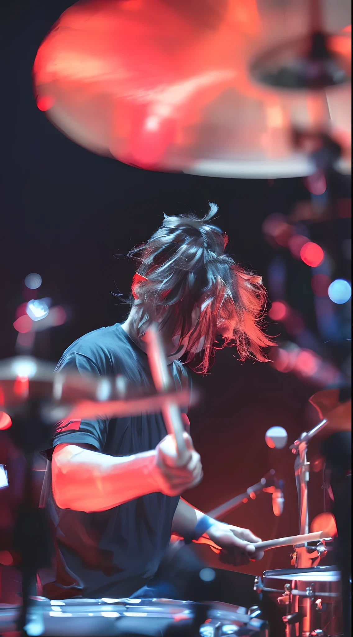 Drummer playing drums in a dark room with red lights, Dave Grohl, Concert Photography, Live Concert Photography, Jack White from The White Stripes, Header, performing, drummer, with his long black hair, profile image, avatar image, concert photo, Mana, shooting from his hands, Christian Kline, Shigeto Hirai Yuya, He's a rock star, uploaded