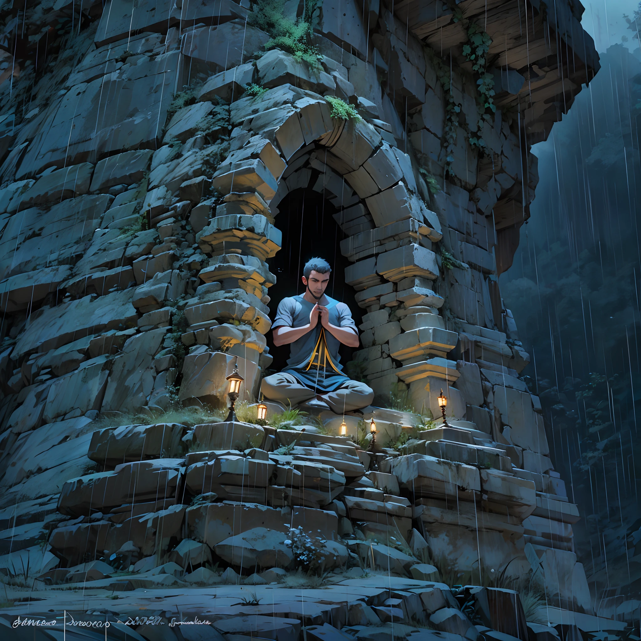 Gargola de piedra meditando en la cima del temolo notredame,hambiente tetrico,bajo la lluvia,noche oscura,rallos y truenos,en las alturas,acagchado en un saliente,dimonaco,guardian,