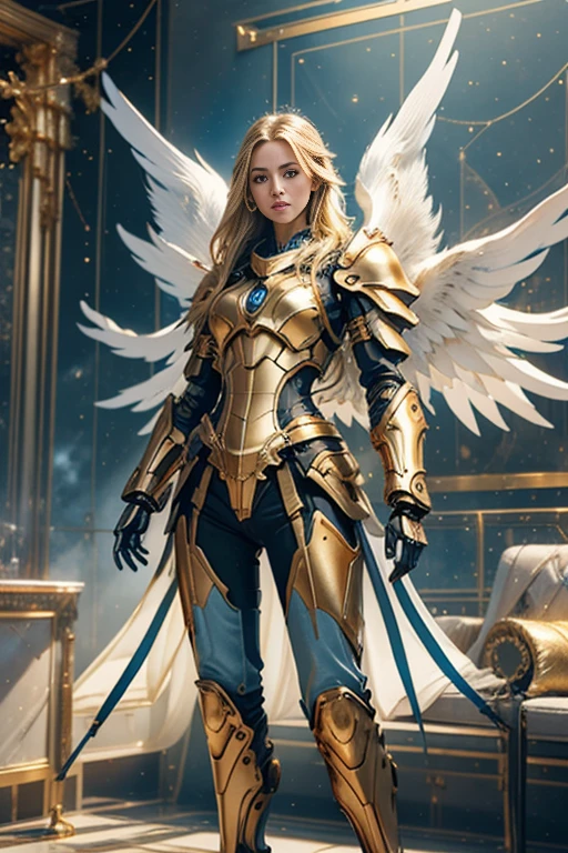 Photorealistic image ((Masterpiece)), ((high quality)) UHD 8K, of a beautiful girl goddess real, Realistic slim, tall, (medium chest), (skinny waist), (long blonde hair), (blue eyes), ((Hyper-realistic mecha armor, with golden metal and intricate golden ice lights), ((large golden wings)), (in combat position, on a futuristic ship, science fiction), Photo realistic, Natural lighting, professional DSLR camera