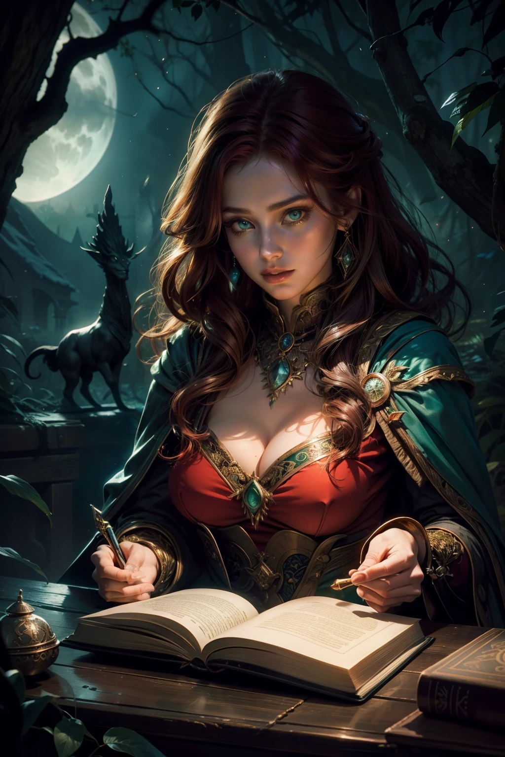 (Best Quality,hight resolution,Vivid colors),Beautiful detailed green eyes, beautiful detailed lips,Extremely detailed eyes and face,Red-haired beauty,Stunning beauty,fine complexion,,The Enchanted Forest,sorcery,Magical atmosphere,Mysterious Vibes,Floating leaves,Glowing Book of Spells,Sparkling Wand,Dark Robe,captivating gaze,Ancient knowledge,incantation,Magic potions,silhouette,Moonlit night,Sorceress in moonshine, big breastes.