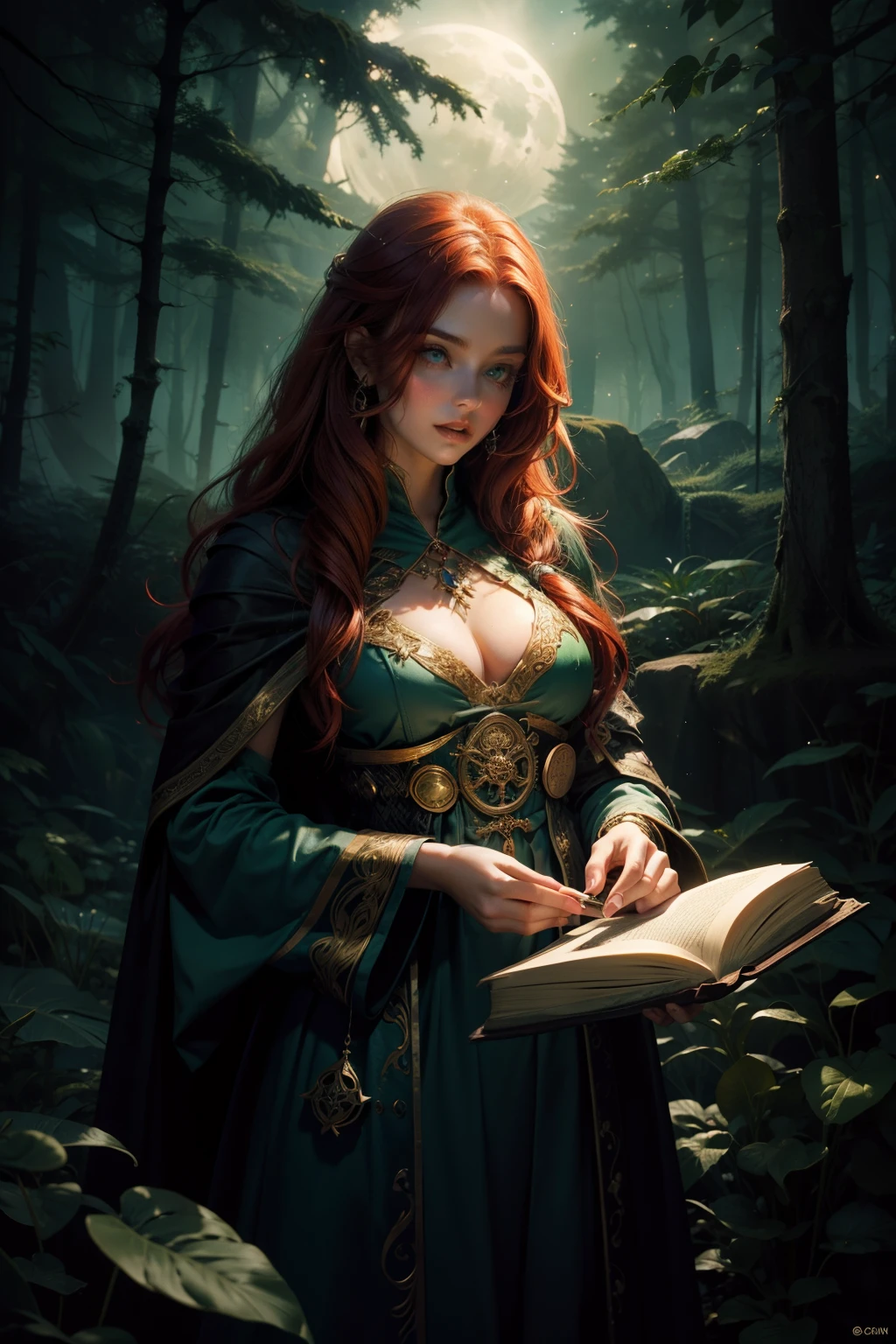 (Best Quality,hight resolution,Vivid colors),Beautiful detailed green eyes, beautiful detailed lips,Extremely detailed eyes and face,Red-haired beauty,Stunning beauty,fine complexion,,The Enchanted Forest,sorcery,Magical atmosphere,Mysterious Vibes,Floating leaves,Glowing Book of Spells,Sparkling Wand,Dark Robe,captivating gaze,Ancient knowledge,incantation,Magic potions,silhouette,Moonlit night,Sorceress in moonshine, big breastes.