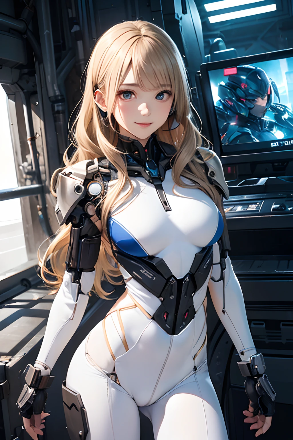 (masutepiece:1.3), High resolution, ultra-detailliert, the Extremely Detailed CG Unity 8K Wallpapers, Realistic, Photorealsitic, Raw photo, beautifull detailed face, pale skin, realistic glistening skin, Detailed Cloth Texture, detailed hair texture, Perfect body, Beautiful face, 准确, Anatomically correct, Highly detailed face and skin texture, Natural neck length, (Beautiful hands), (Fair skin:1.2), thin legs, Thin feet,
BREAK,
Detailed eyes, symmetrical eye, Light brown eyes, Double eyelids, Thin eyebrows, (Glossy lips:1.4), (gently smiling:1.2),
BREAK,
Combat cyborg、Machine body、weapons all over her body、front facing、Headset connected to a myriad of electrodes、((White bodysuit))、((tight fitted))、nffsw、Under maintenance、A dark-haired、Brown hair、silber hair、a blond、Blue-haired、blue eyess、Brown-eyed、red eyes、(Mechanical joint:1.4)、((Limbs of the machine))、(Blood vessels connected to countless tubes)、((Vertebrae of a machine attached to the back))、((Mechanical cervical spine)Attached to the neck)
(medium large breasts, Slender figure, Firm abs, firm breasts:1.1), Beautiful collarbone,
(Blonde hair, Wavy Hair, Long hair:1.2), ((asymmetrical bangs:1.2)),
(Cowboy Shot:1.2),