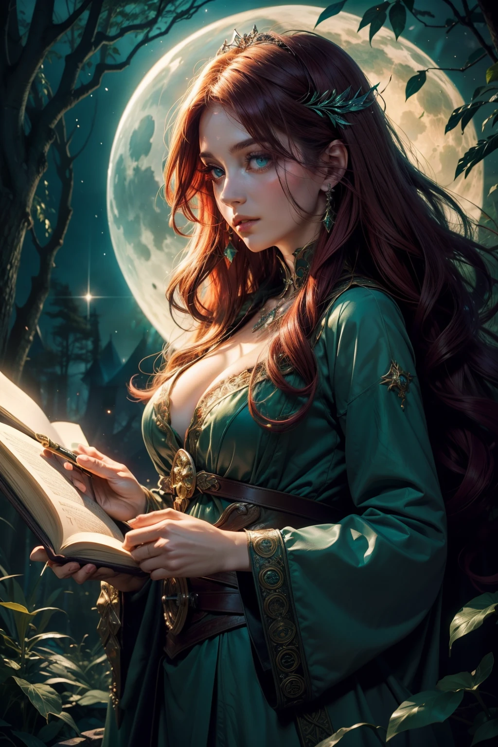 (Best Quality,hight resolution,Vivid colors),Beautiful detailed green eyes, beautiful detailed lips,Extremely detailed eyes and face,Red-haired beauty,Stunning beauty,fine complexion,,The Enchanted Forest,sorcery,Magical atmosphere,Mysterious Vibes,Floating leaves,Glowing Book of Spells,Sparkling Wand,Dark Robe,captivating gaze,Ancient knowledge,incantation,Magic potions,silhouette,Moonlit night,Sorceress in moonshine, big breastes.