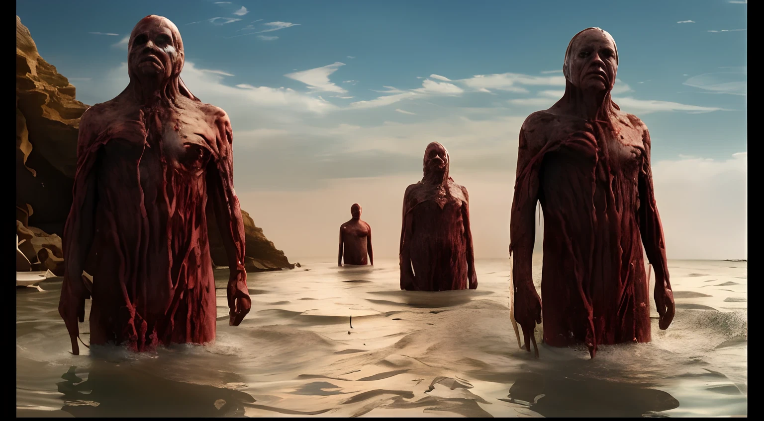 There are many people walking on water with blood on their bodies, mar de sangue, arte surreal de horror, dramatic artwork, oceano sangrento, Sylvain Sarrail e Igor Morski, Arte CGI, corpses come to life, Surrealismo assustador, arte conceitual surreal, Standing in a pool of blood, arte digital 4k inquietante, dramatic concept art, amazing cgi
