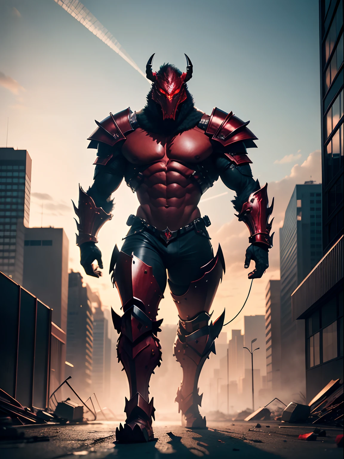 large red male behemoth creature with a mirrored helmet consisting of six "eyes" with a matching black steel collar. If one is to look closely, a glimpse of its mouth may be caught on some occasions. Most of his body is covered in large black armor pieces, gauntlets, and shoulder pads over his red skin, with numerous loose cables sticking out of his back. full body shot, menacing pose, ruined city backdrop, solo, single, 7-foot tall, human-size