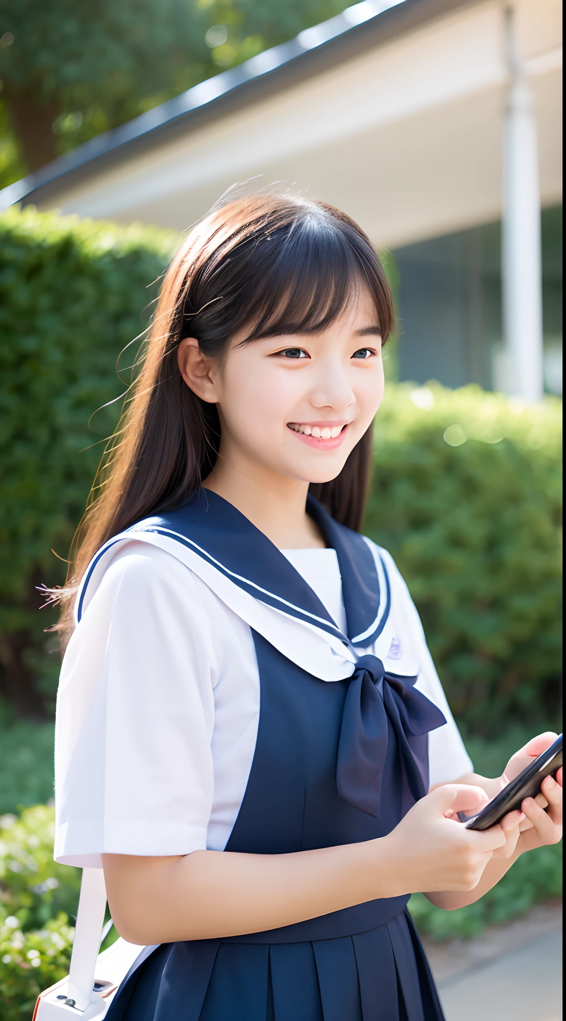 masterpiece, highest quality, 8K,  , RAW photo, disorganized, award-winning portraits, alone, noon, idol face, delicate face, Digital single-lens reflex camera, looking at the viewer, shy smile、shame、flushed cheeks、thin arms, small breasts, nipples, small ass、thin waist、Frank, Sophisticated, like々New, thin arms, professional lighting, film grain, black eyes, chromatic aberration, (detailed eyes and face:1.0), (Bokeh:1.1),(hyper pretty face:1.2)、(beauty new face:1.2),Japan Traditional High School Uniforms, (white short sleeve sailor uniform, dark blue mini pleated skirt:1.2), Black Hair, Middle straight hair, bangs, (Japanese), w sitting, above the knee ,angle from the side, sitting in the stairs, angle from the front