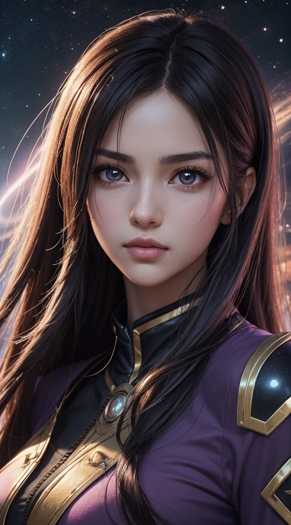 a close up of a woman with long hair and a purple shirt, smooth anime cg art, render of april, anime styled 3d, portrait anime space cadet girl, starfire, portrait of a female anime hero, render of a cute 3d anime girl, anime girl of the future, portrait knights of zodiac girl, maya ali as a lightning mage, airbrush render