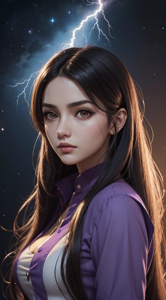 a close up of a woman with long hair and a purple shirt, smooth anime cg art, render of april, anime styled 3d, portrait anime space cadet girl, starfire, portrait of a female anime hero, render of a cute 3d anime girl, anime girl of the future, portrait knights of zodiac girl, maya ali as a lightning mage, airbrush render
