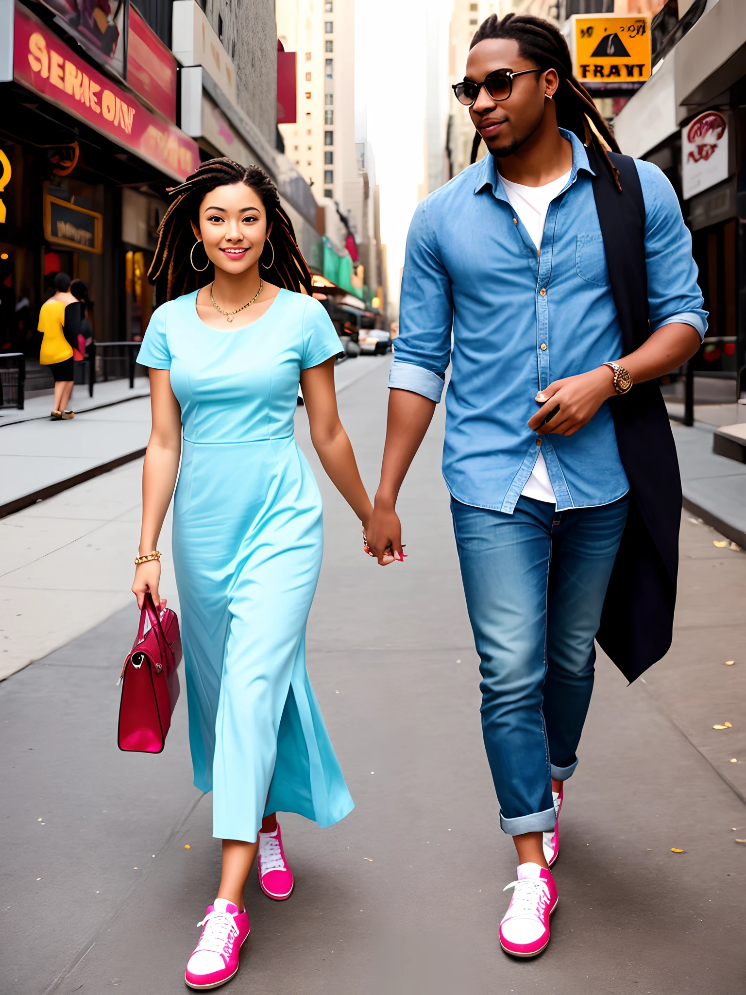 Photographed on the on the streets of nyc. Jack, a handsome black man with dreadlocks wearing a light pink shirt, jeans, and distinct red five-finger toe shoes, hand holds with his lover Ella, a gorgeous Singapore-American hottie woman in a light blue dress and white sneakers, hails a nyc yellow taxi. Jack's unique red toe shoes and Ella's blue dress are the most pronounced feature.