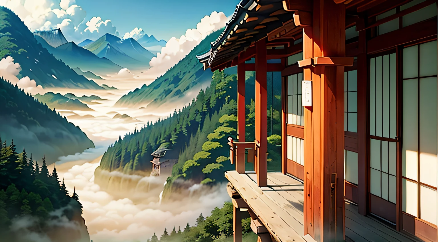 Gorgeous japanese valley, morning light, fog
