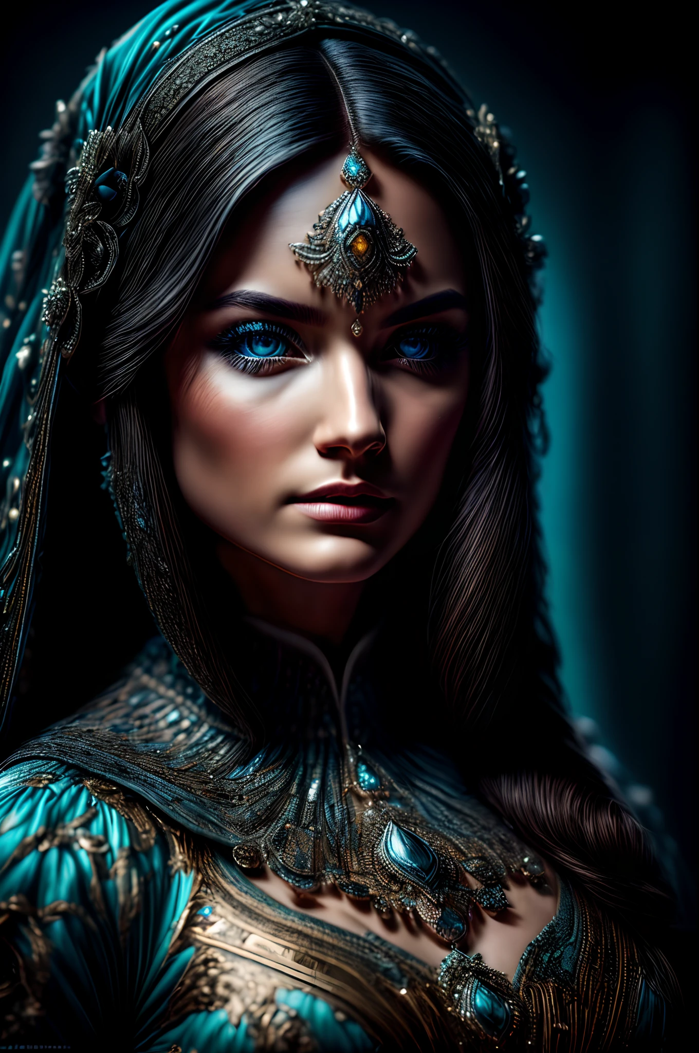 An eligant woman wearing a princess dress with blue eyes and black hair in a high neck lined dress with a necklace filled with 100 diamonds, blue eyes, shallow depth of field, cinematic light, soft light (RAW, analogue, Nikon Z 14mm ultra-wide angle lens, award-winning photograph, ((best quality)), ((masterpiece)), ((realistic)), tessellation, ambient occlusion, ray-tracing, subsurface scattering, radiant light rays, high-res, detailed facial features, high detail, sharp focus, smooth, aesthetic, extremely detailed, (extremely detailed eyes, extremely detailed iris), octane render, photorealistic, realistic, post-processing, max detail, realistic shadows, roughness, natural skin texture, real life, ultra-realistic, photorealism, photography, 8k UHD, photography, hdr, intricate, highly detailed, sharp focus, stunning, 8k, intricate, highly detailed, majestic, digital photography, (masterpiece, sidelighting, finely detailed beautiful eyes: 1.2), HDR, wide angle camera, full portrait, full body, extremely detailed hair, extremely detailed skin, extremely detailed clothes, close up portrait, soft shadows