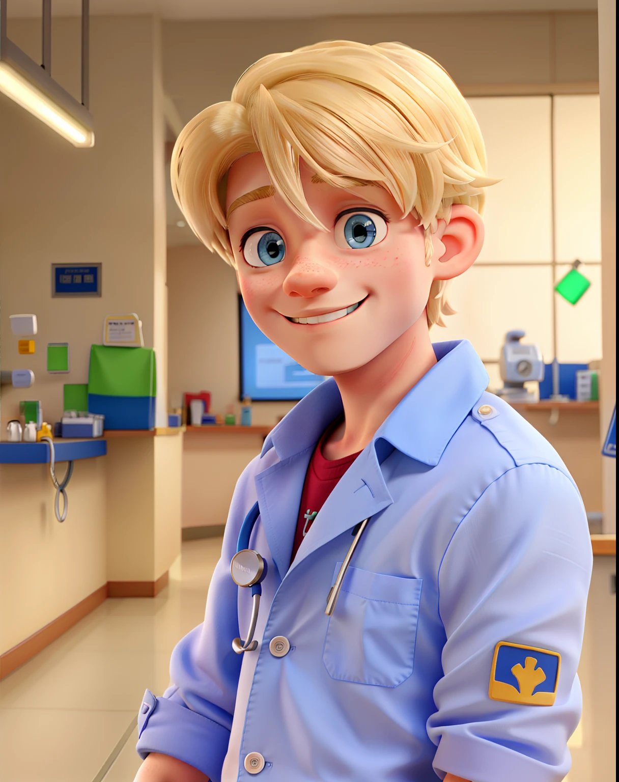 Blue Eyes Blonde Haired Boy Smiling At Camera With A Veterinary Hospital Environment Behind