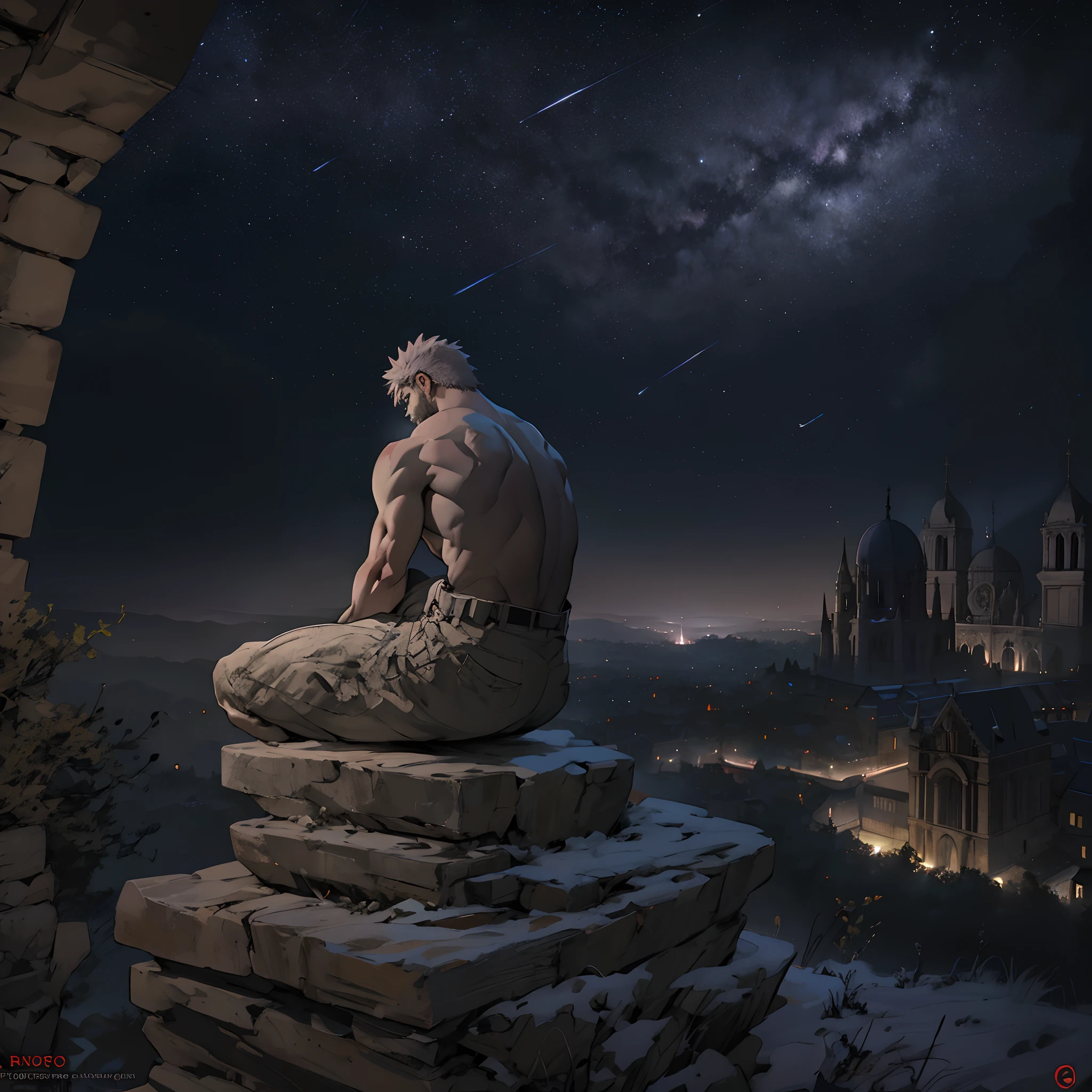 Gargola de piedra meditando en la cima del temolo notredame,hambiente tetrico,bajo la lluvia,noche oscura,rallos y truenos,en las alturas,acagchado en un saliente,dimonaco,guardian,