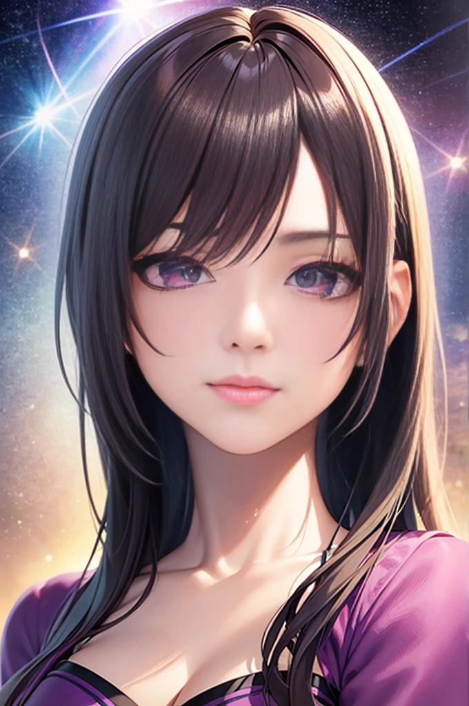 a close up of a woman with long hair and a purple shirt, smooth anime cg art, render of april, anime styled 3d, portrait anime space cadet girl, starfire, portrait of a female anime hero, render of a cute 3d anime girl, anime girl of the future, portrait knights of zodiac girl, maya ali as a lightning mage, airbrush render