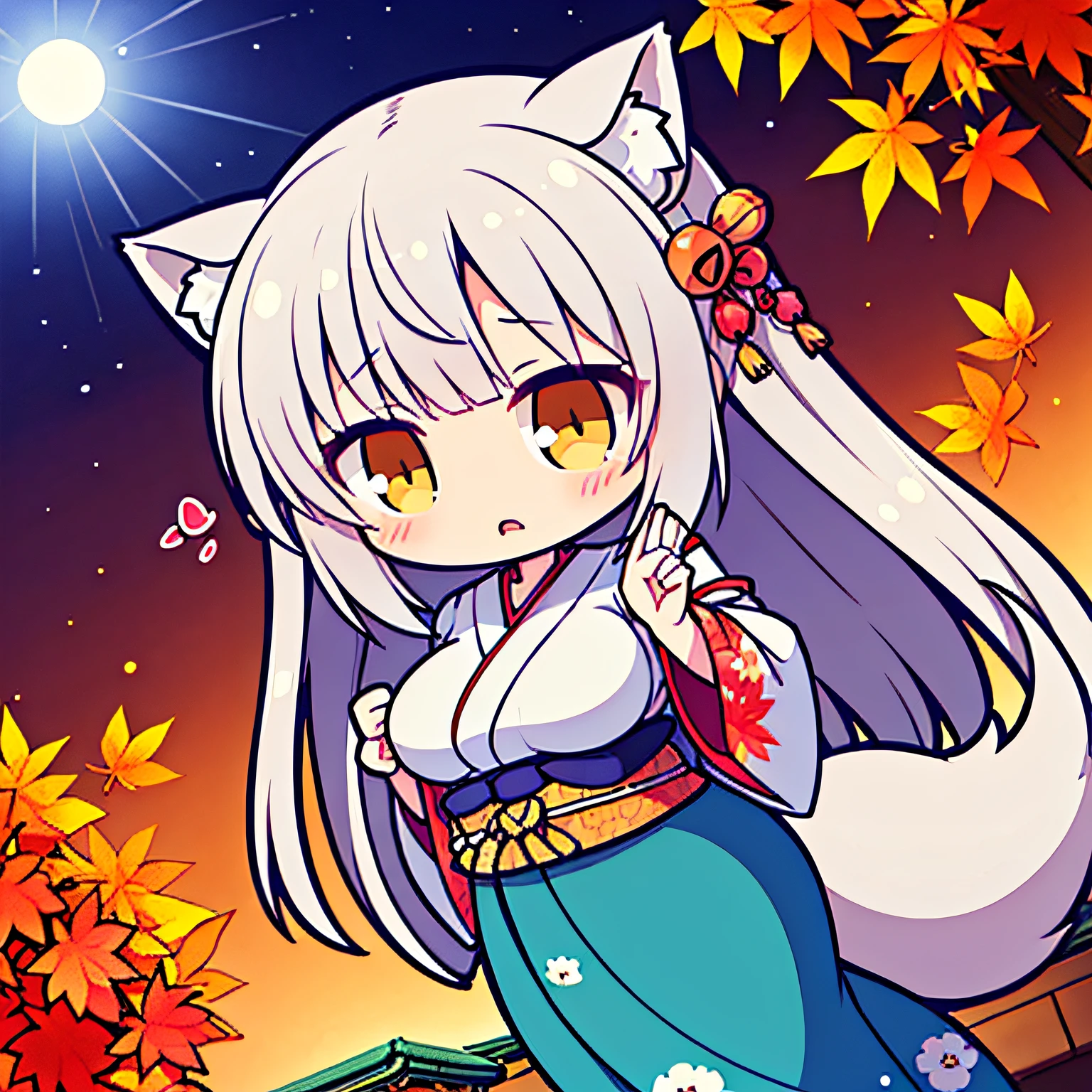 tchibi, nendoroid, ((worst quality, low-quality)), ((🦊Eared girl)), Solo, Big breasts, ((Long silver hair)), plump shiny lips, Beautiful clear eyes, (Golden Eyes, kirakira), Spoken Heart, ((Japanese shrine maiden, Intricate and majestic beautiful pattern)), embarrassed, Looking back, (Moon), (rays of moonlight:1.4), Autumn foliage picking, leaves falling, (( Background of autumn leaves)), high-angle shot, masutepiece,Best Quality,ultra-detailliert, ​masterpiece,