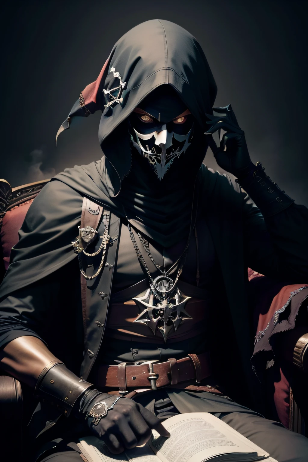 Dark Art Dark Web Evil Pirate,Using an anonymous mask,darkness,obscur,4K, assis sur un fauteuil, dimension photo 1080x1920