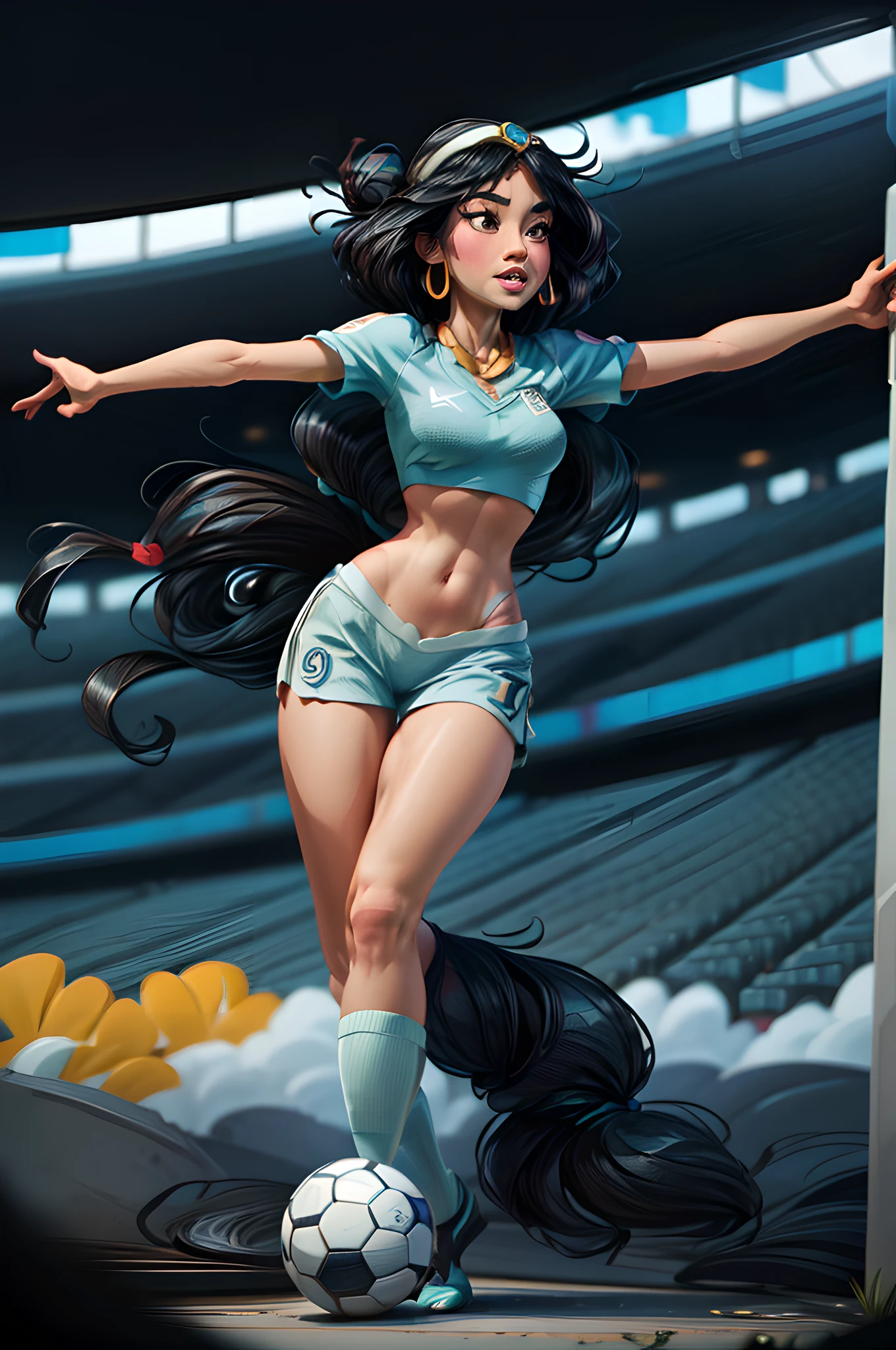 RPG art, fantasy art, a Disney Jasmine from Aladin is playing soccer, JasmineWaifu she wears light blue shirt a black uniform, she wears a hair band black hair, hair in  a bun, she kicks (soccer ball: 1.3) and runs towards the goal, modern soccer stadium background, high details, best quality, 16k, [ultra detailed], masterpiece, best quality, (extremely detailed), full body, ultra wide shot,