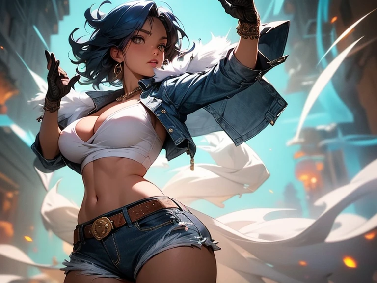 8k_wallpaper, extremely detailed eyes, extremely detailed body, (large masterpiece digital art), (detailed manga illustration), (detailed line art), ((perfect anatomy)), (intricate details:1.3), (ultra-detailed:1.3), (illustration:1.3), (sharp focus:1.3), (natural lighting:1.05), (vivid colors:1.3), (masterpiece), best quality, expressive eyes, perfect face, 1 girl, breasts, cleavage, gloves, huge breasts, casual clothes, white shirt, tee shirt, denim jacket, jacket, fur trim, detailed {{blue hair}}, medium hair, messy hair, (gray eyes), hourglass physique, black short, denim shorts, dynamic pose, huge ass, dynamic lighting,
