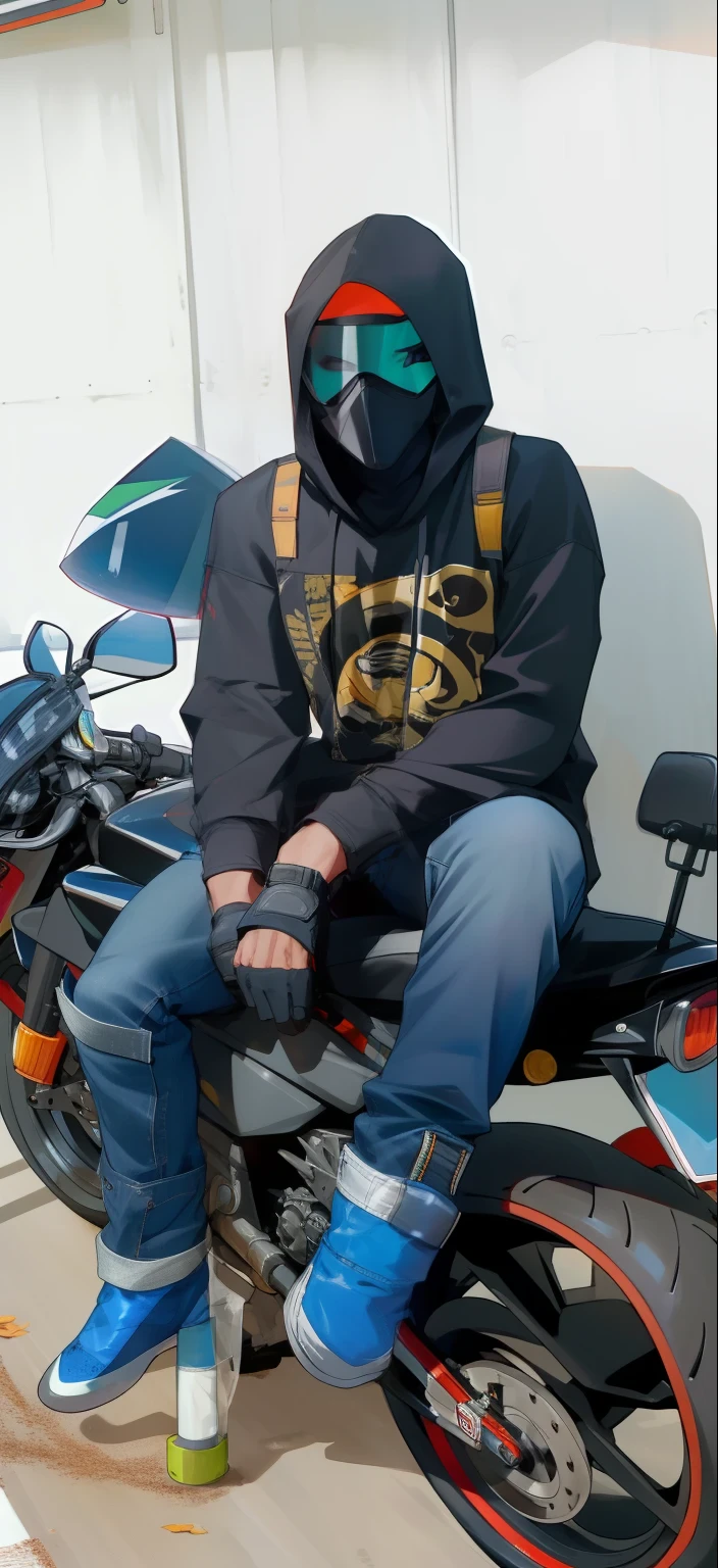 Ninja, a man sitting on a motorcycle wearing a mask, without helmet, balaclava covering face, picture of a male biker, sitting on a motorcycle, biker, wearing jeans and a black hoodie, riding a motorcycle, motorbiker, wearing bandit mask, wearing helmet, hood covers his eyes