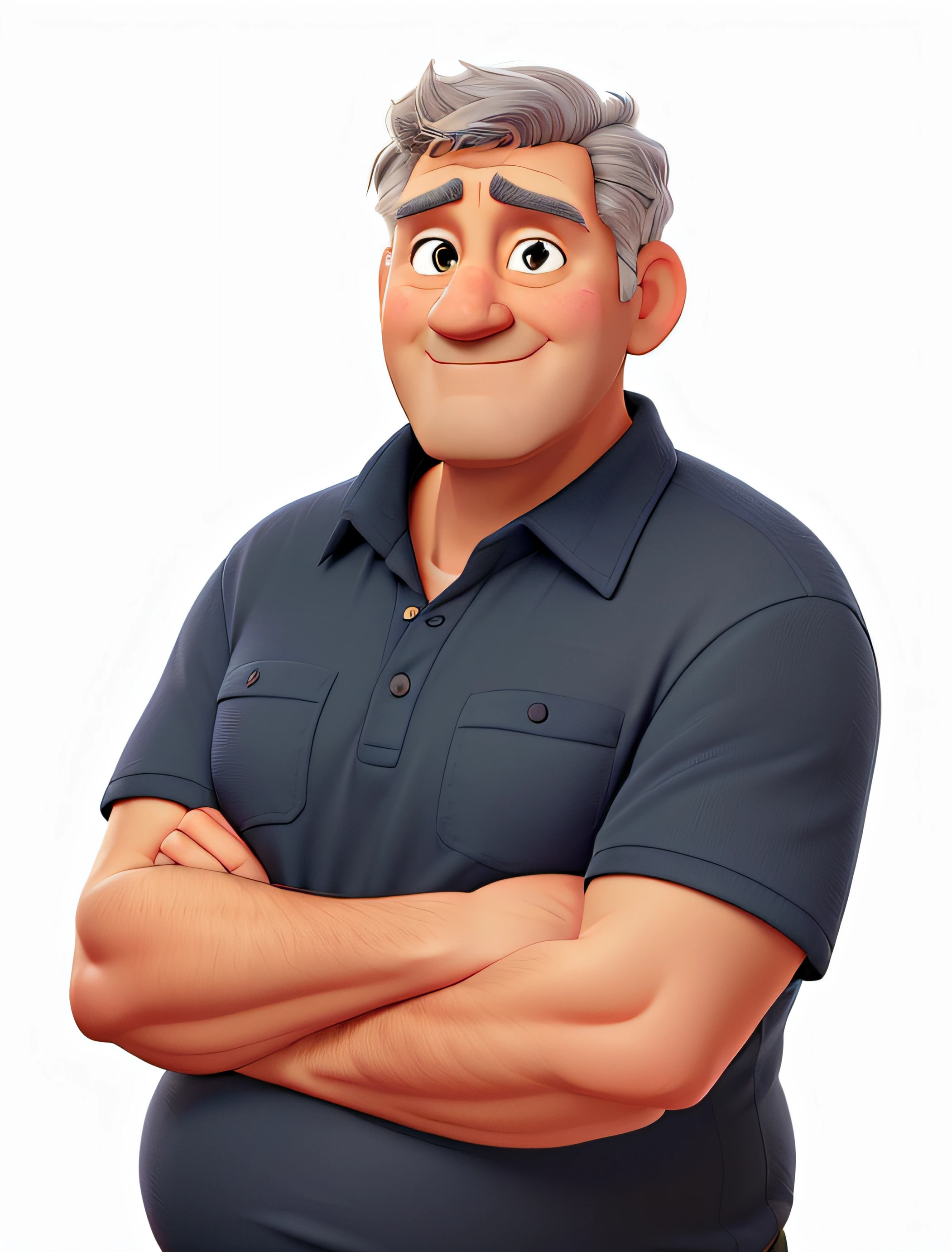 a 60 year old man, with gray hair, no beard on his face, blue eyes, black shirt, a little overweight, arms crossed, with hair on his arms, fat chin, ultra detailed illustration by illustration by loish and artgerm, wlop, hit definition, 32k resolution, volumetric lighting, “best quality”, “masterpiece" Full body, focus on face, best quality face, holographic, intricately detailed, Disney Style